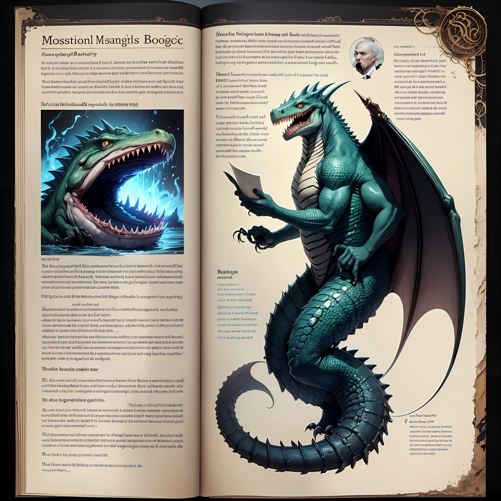 Full page from an ancient magical book on monster biology An SCP monster that is a large fish with indifferent teeth. An SCP monster that is a large lizard with bat-like wings. --auto