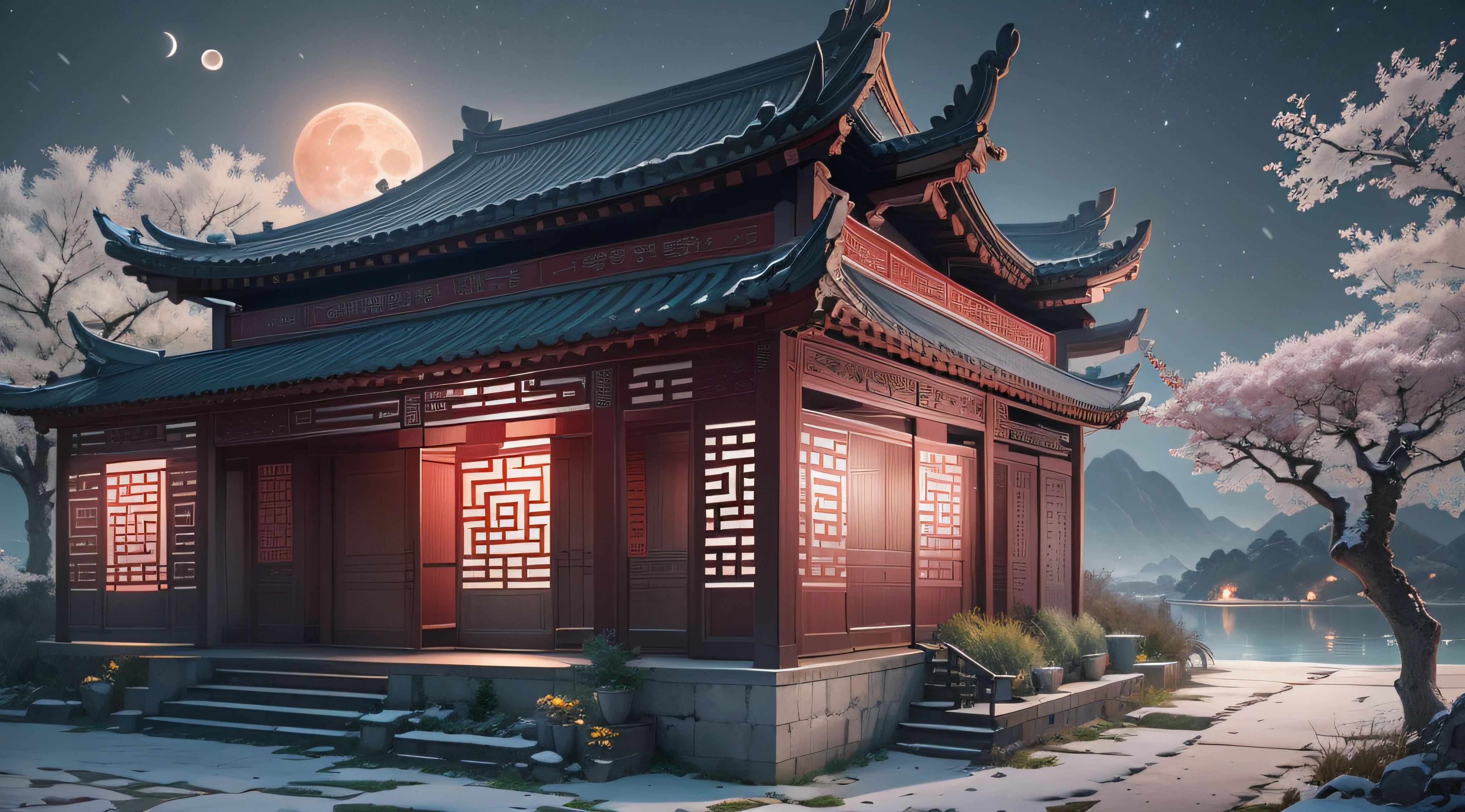 A ultra-realistic CG rendering of Ancient China,A ultra-realistic CG rendering of Guilin landscape, China,Dream small house on besides of the river,in the evening,peach with milky leaves tree,snow scene，White moonlight, a moon in creating moon,