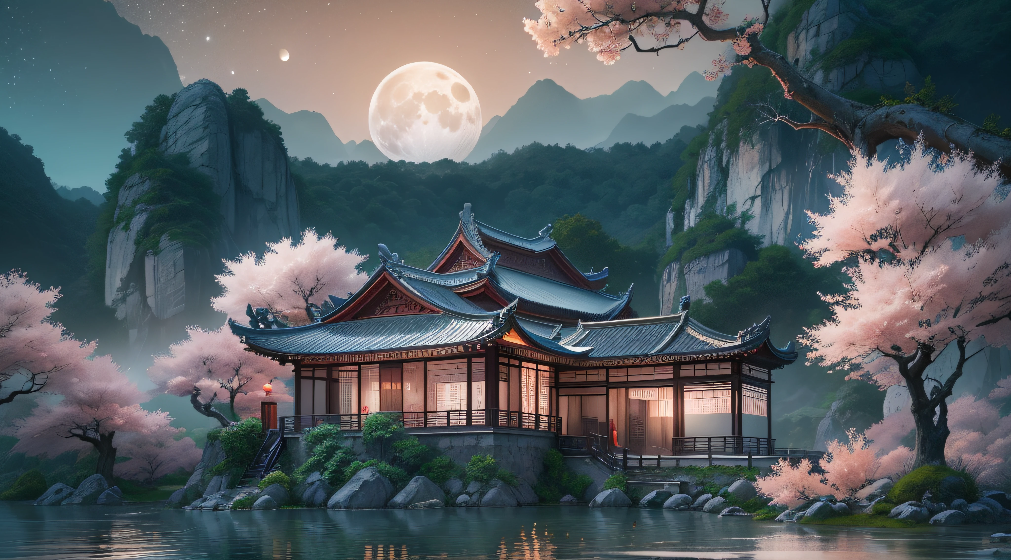 A ultra-realistic CG rendering of Ancient China,A ultra-realistic CG rendering of Guilin landscape, China,Dream small house on besides of the river,in the evening,peach with milky leaves tree,snow scene，White moonlight, a moon in creating moon,