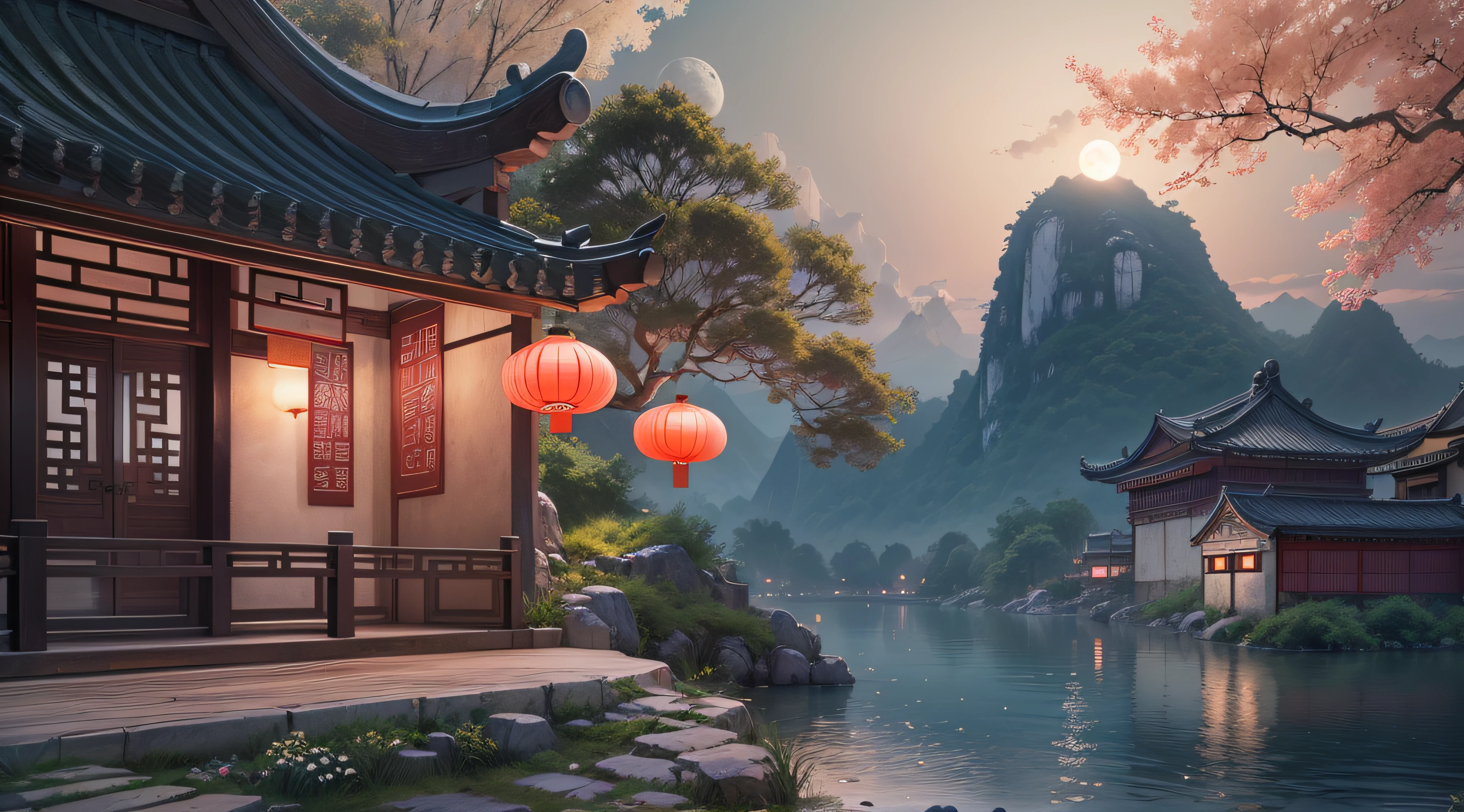 A ultra-realistic CG rendering of Ancient China,A ultra-realistic CG rendering of Guilin landscape, China,Dream small house on besides of the river,in the evening,peach with milky leaves tree,snow scene,White moonlight, a moon in creating moon,