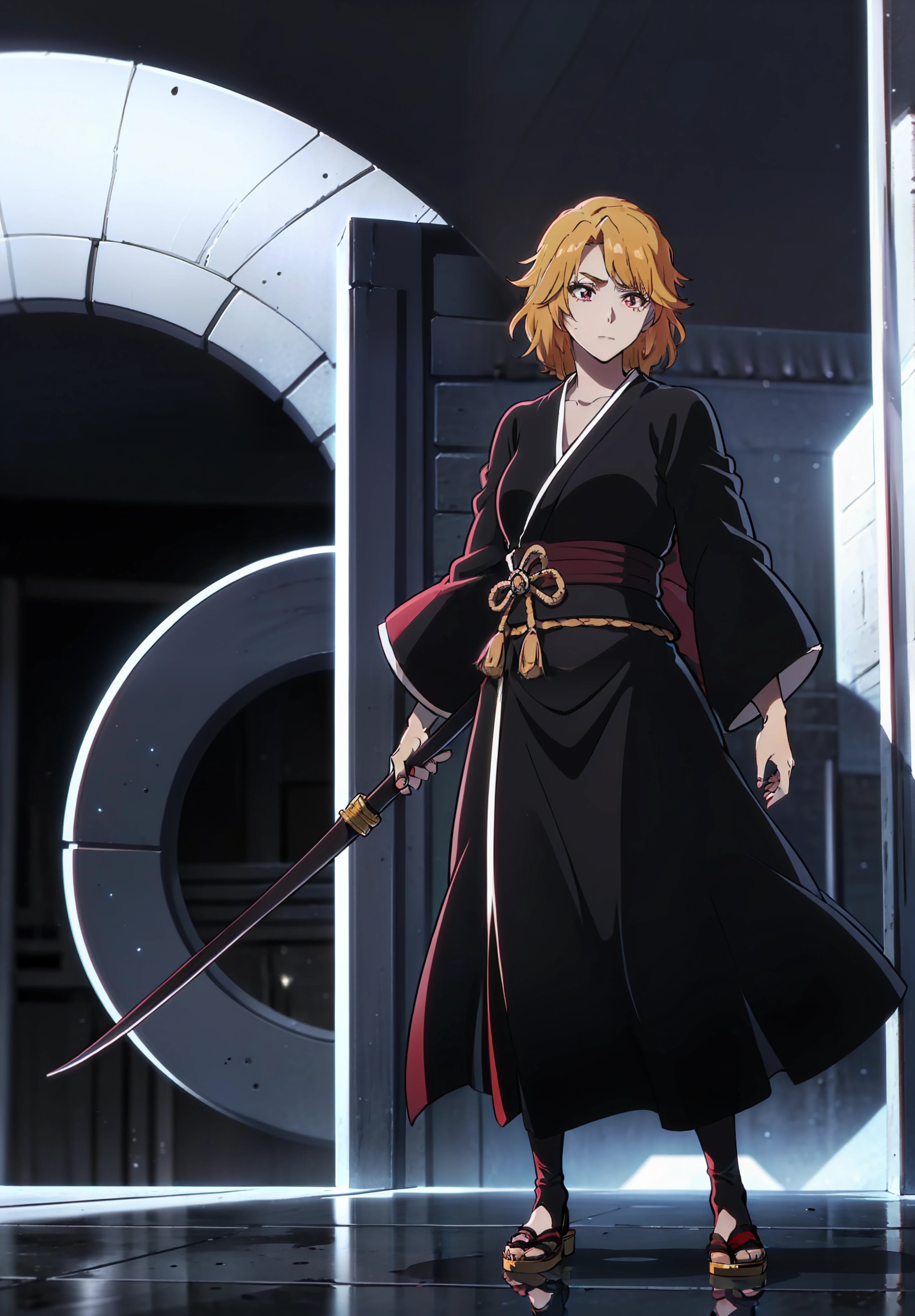 Girl with a scythe，Handsome，Golden hair，Straight hair reaches the shoulders，short detailed hair，red color eyes，Japanese-style hakama，komono，Battle damage，Short hit，black kimono，Huge scythe，Girl with a scythe，Handsome，pale-blonde hair，Straight hair reaches the shoulders，short detailed hair，red color eyes，Japanese-style hakama，Scythe of Death，