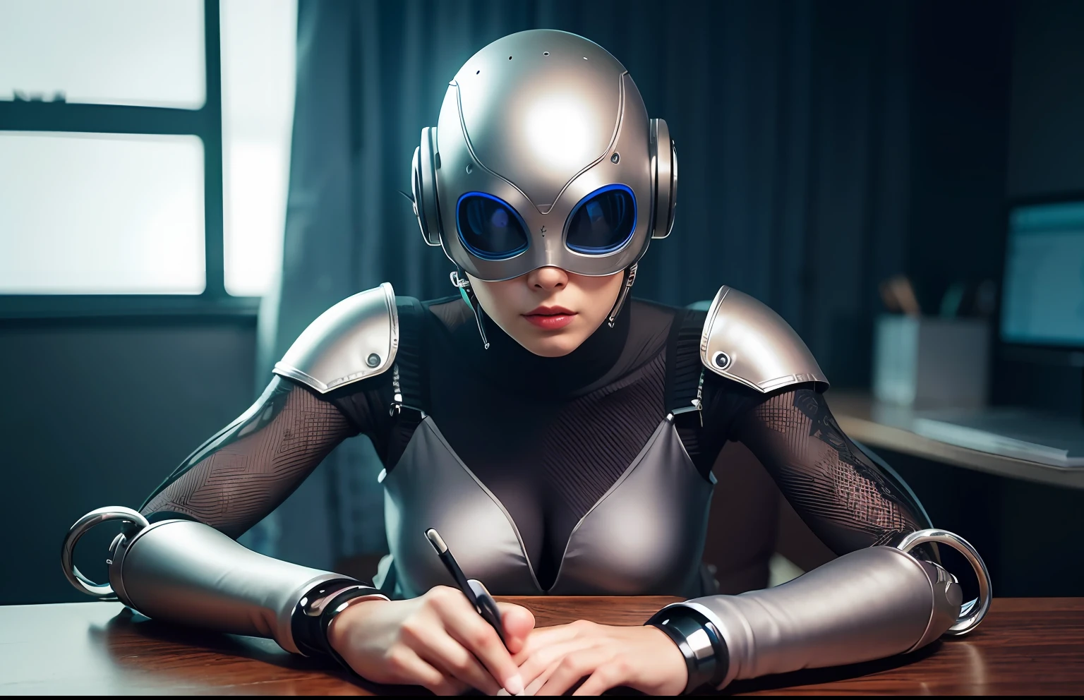 сложный 3D-рендер, ultra detailed beautiful porcelain android woman face, Young woman sitting at the computer in a friendly position with sexual overtones,  zolotisní world,  robotic details, 150 mm, Beautiful studio soft light, Edge light, Vivid details, luxurious cyberpunk, lace, A hyper-realistic, anatomical, facial muscles, cable, electrical wires, microchip, elegant, Beautiful background, Octane imaging, HR Giger Style, 8K, beste-Qualit, tmasterpiece, illustartion, Extremely thin and beautiful, Extremely detailed, computer graphics, unity, wallpapers, (realisti, photo-realistic: 1,37), breath taking, Finely detailed, tmasterpiece, beste-Qualit, official arts, extremely detailed wallpapers Computer graphics Unity 8K, Absurd, Incredibly absurd, a robot, Silver helmet, The whole body, sedentary