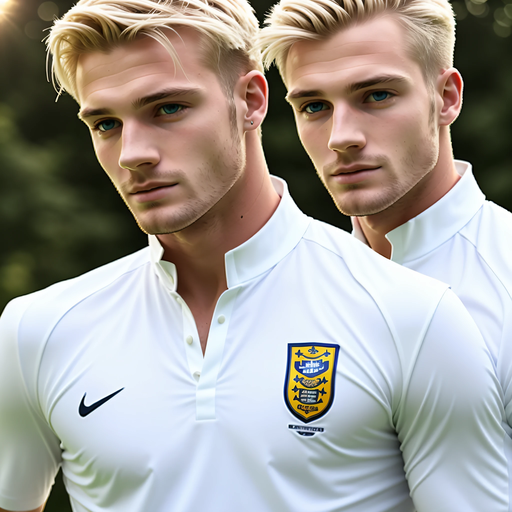 English male footballer,photorealestic,realisticlying,white ball suit,young handsome,golden hair,rays of sunshine,mesmerizing eyes,Glamorous --auto