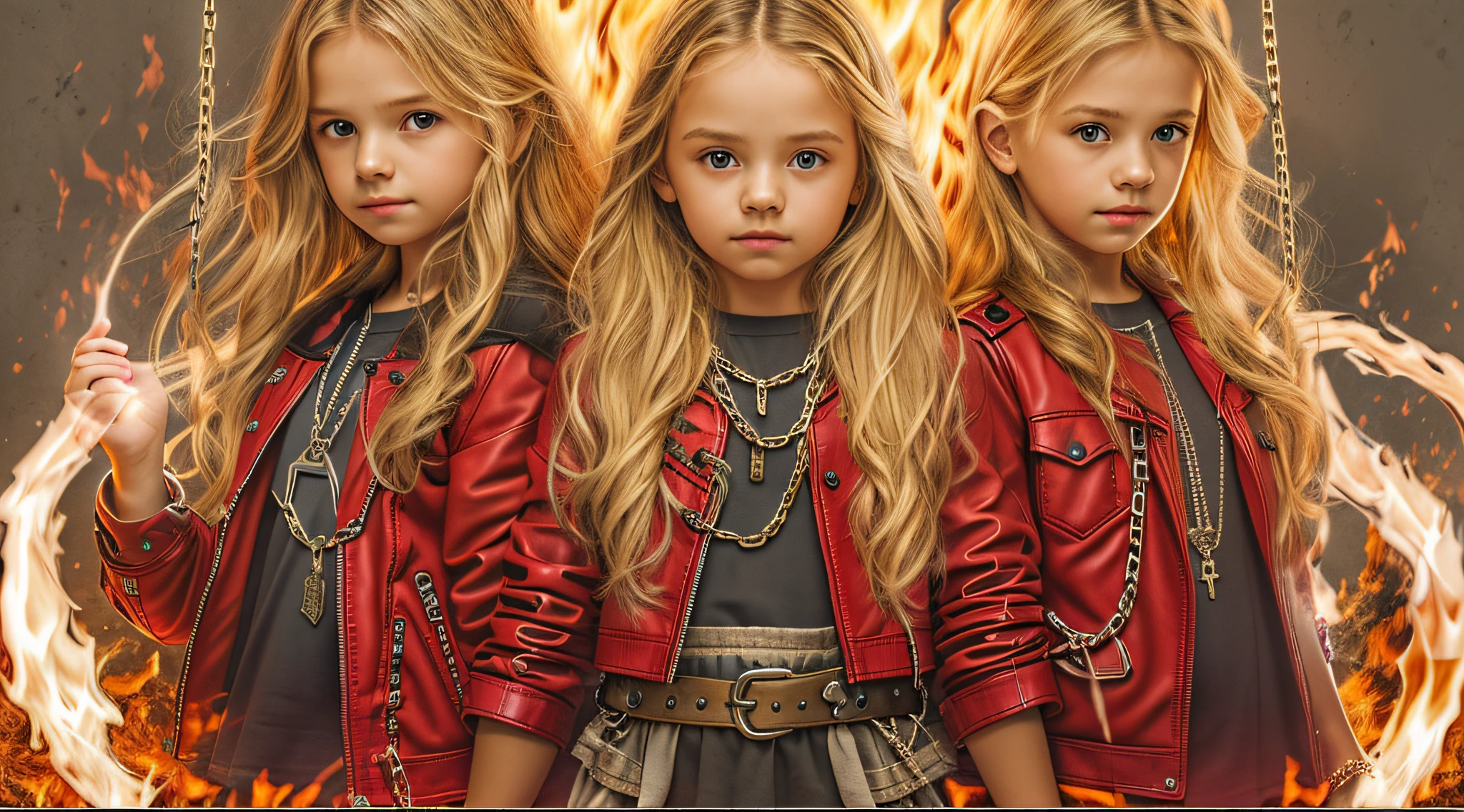 A half body, portrait of 3 girls German children long blonde hair of 12 years, red leather jackets, holding in their hands a cross, background of chains, chain, more chains, many chains, , red, red fire, many background flames.