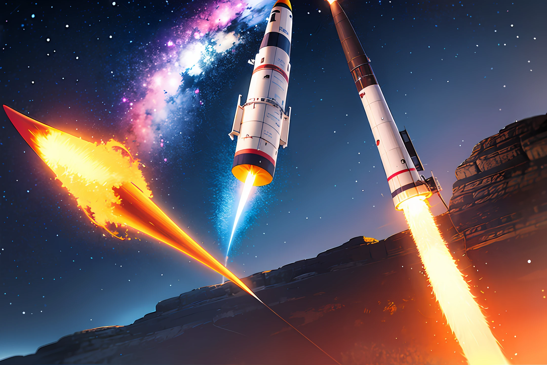 High-tech rocket, tail flame, night sky