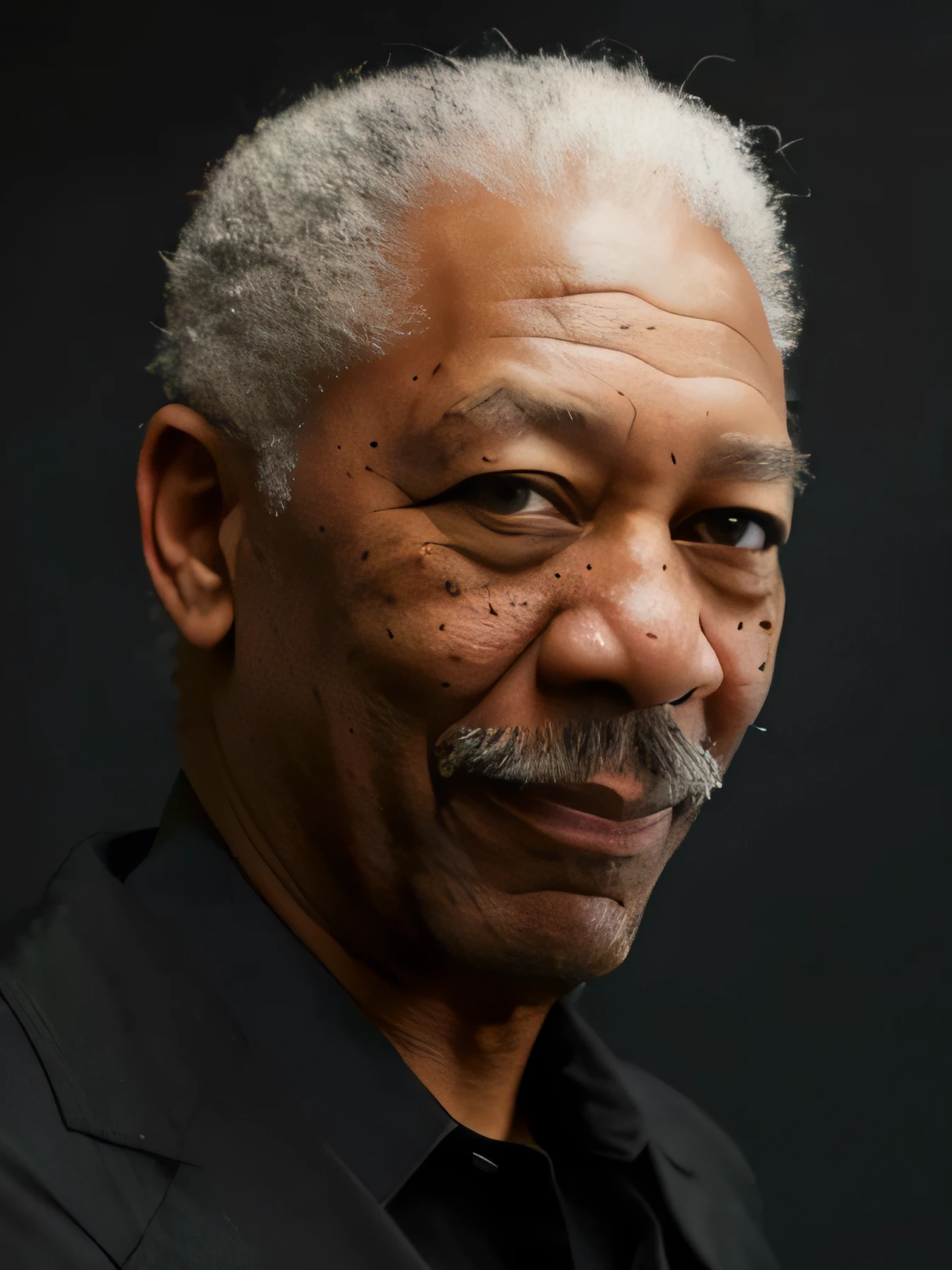 um close up de um homem com bigode e camisa preta, Morgan Freeman •, Retrato de Morgan Freeman, Morgan Freeman como Gordon Freeman, taken in the early 2020s, foto em alta, taken in the late 2010s, Imagem absolutamente excepcional, olhando para a sua esquerda, foto de um homem, uma foto de um homem, great likeness --auto