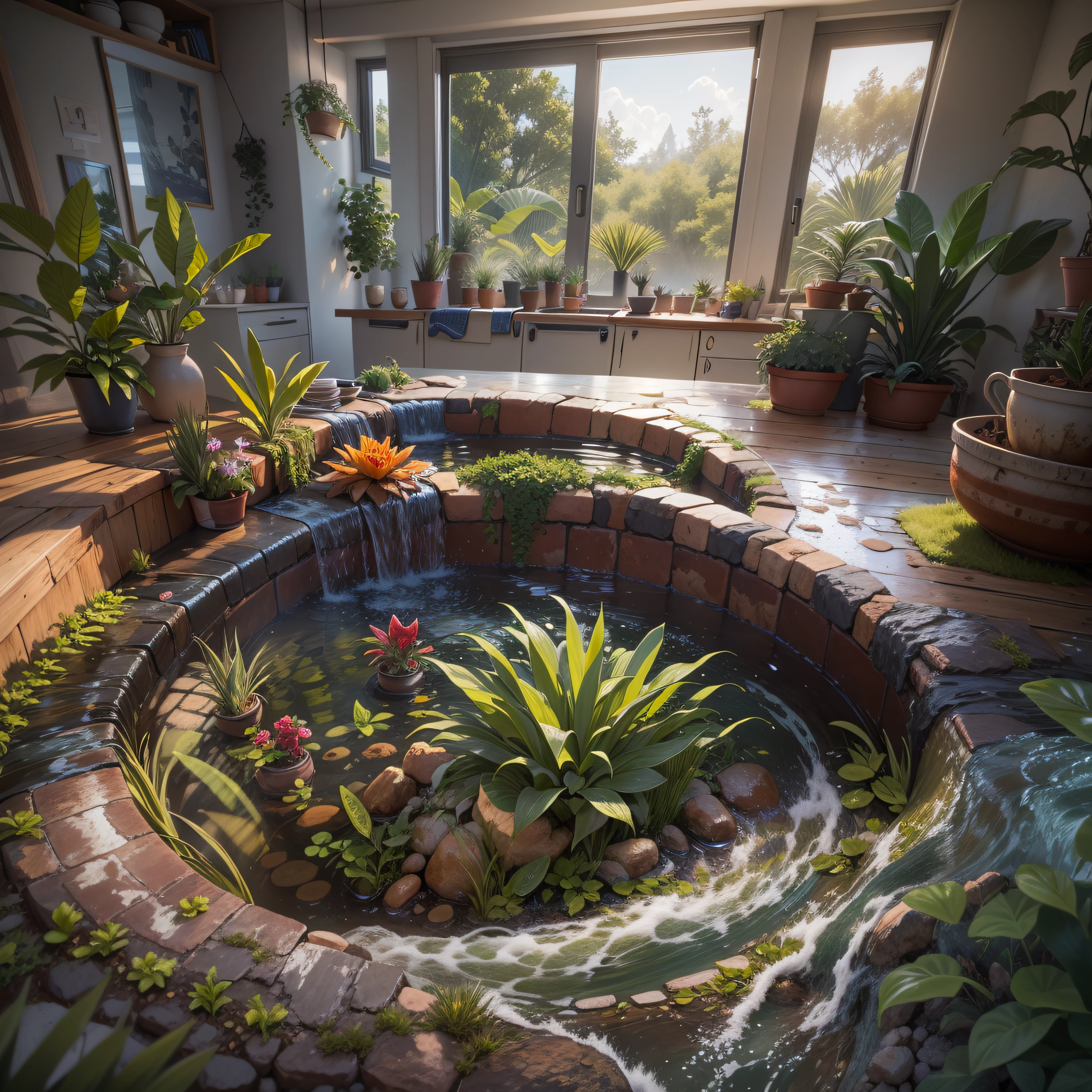 hyperdetailed whirlpool with tradescantia nanouk and bromeliad emerging from ground of hyperdetailed pretty kitchen with a stream flowing through it that glows like natural lighting, cinematic lighting, 8k, unreal engine, octane render, realistic