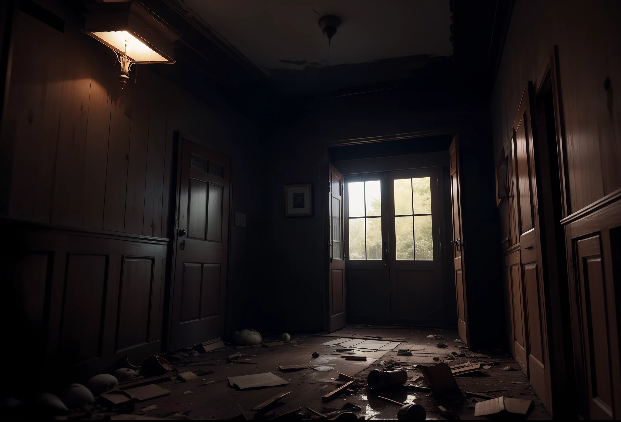 Familia fantasma, scary horror, noite escura, interior de casa abandonada, 8k, atmosfera sombria, maximum detailed, alta qualidade