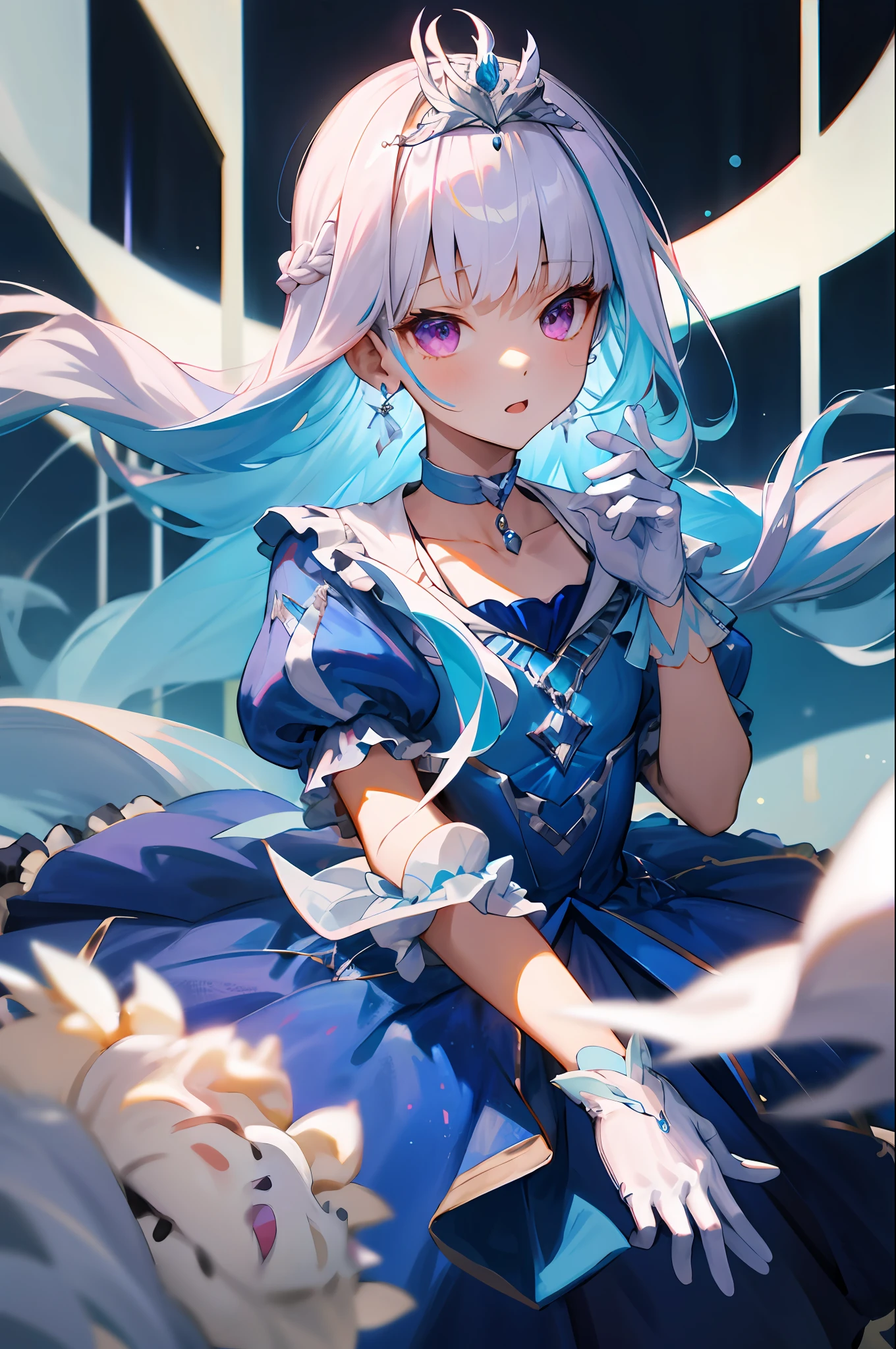 lh1, long hair, tiara, blue dress, jewelry, white gloves, earrings, choker, frills, braid, puffy short sleeves