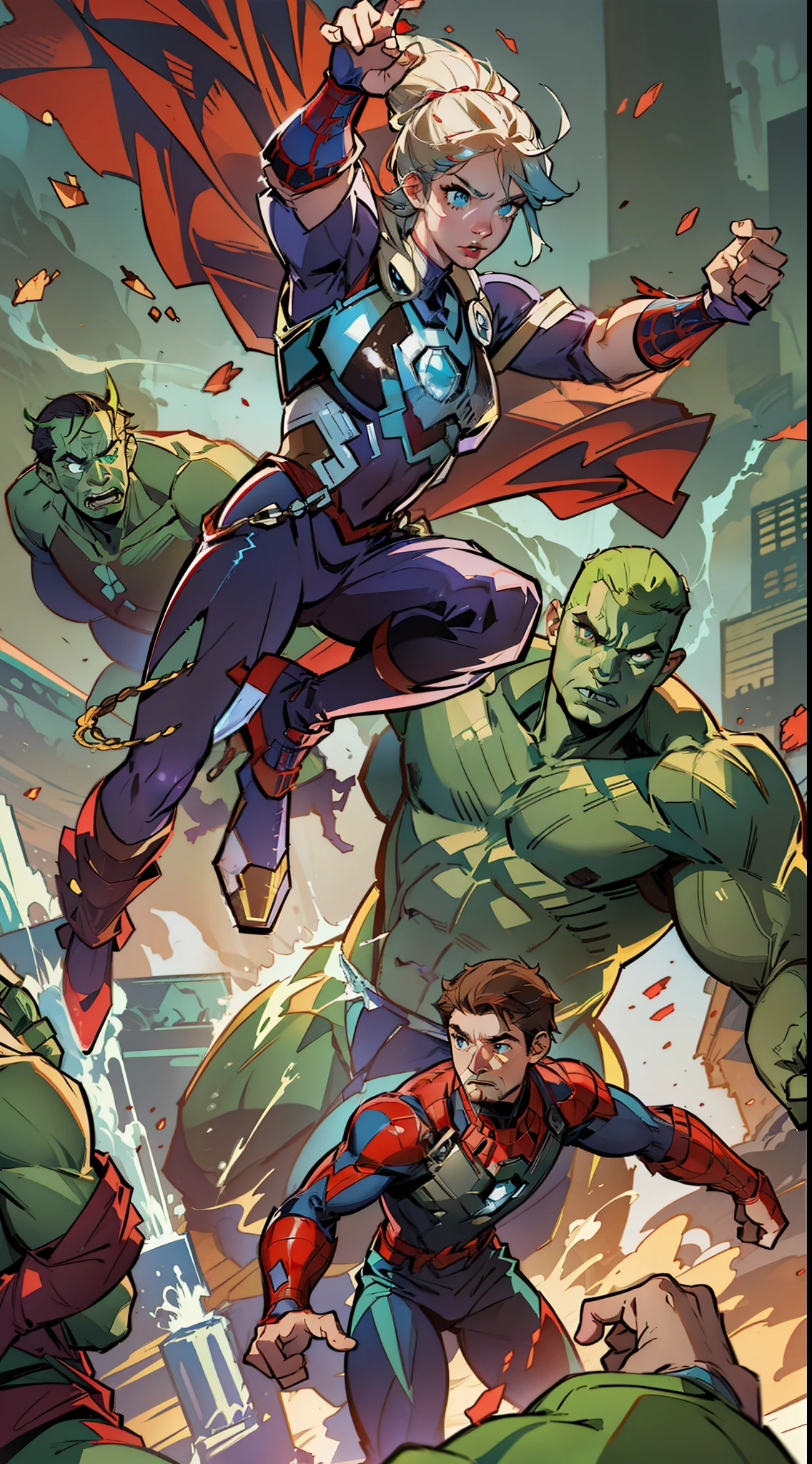 "An epic battle commences as Thor, Hulk, Iron Man, and Spider-Man join forces to save the world!"