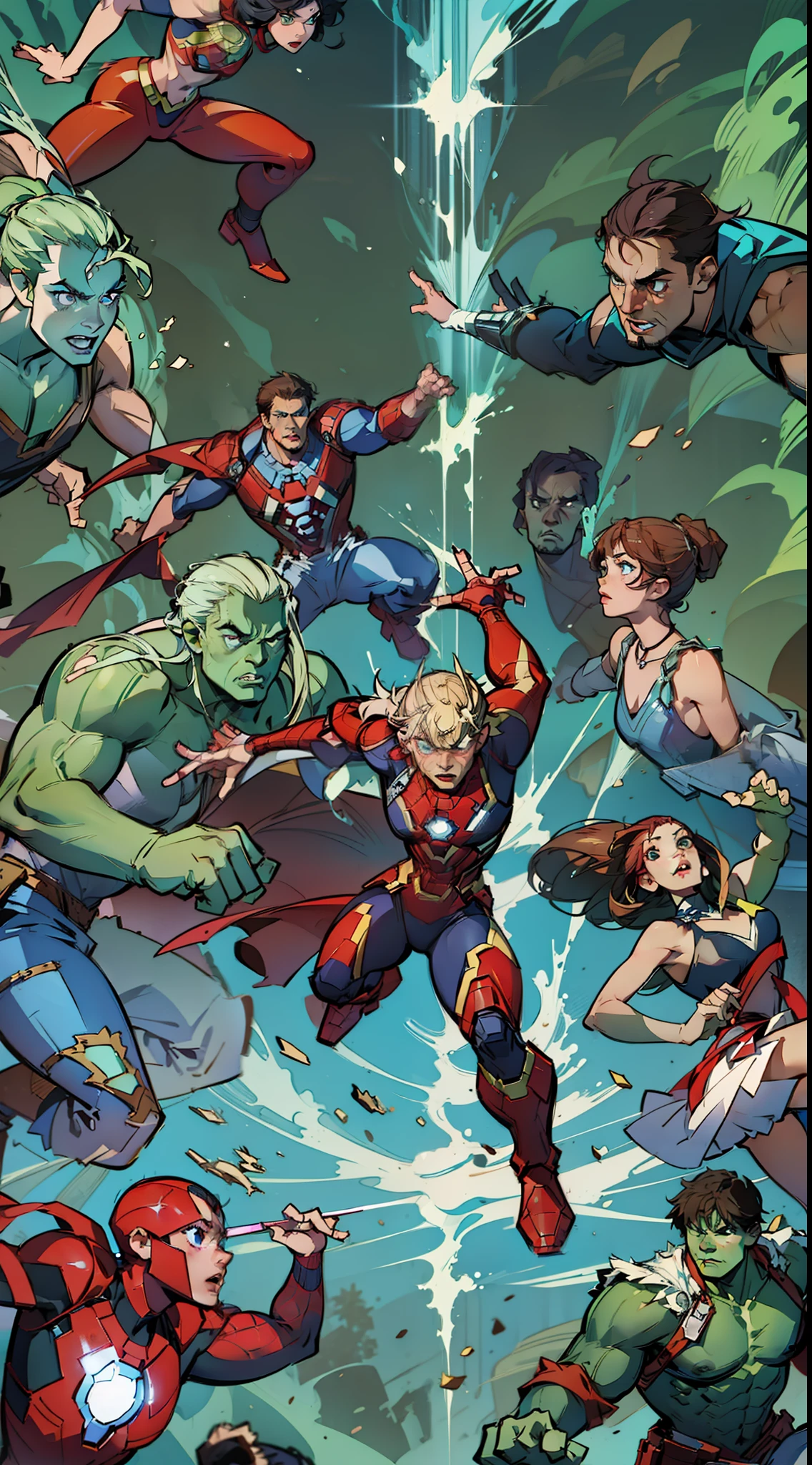 "An epic battle commences as Thor, Hulk, Iron Man, and Spider-Man join forces to save the world!"