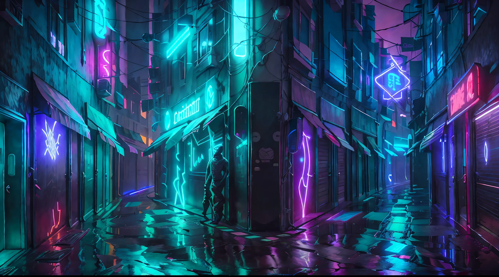 calle ciberpunk, calle futurista, neon lights, Neon signs on both sides of the street, drones, alta calidad de detalles
