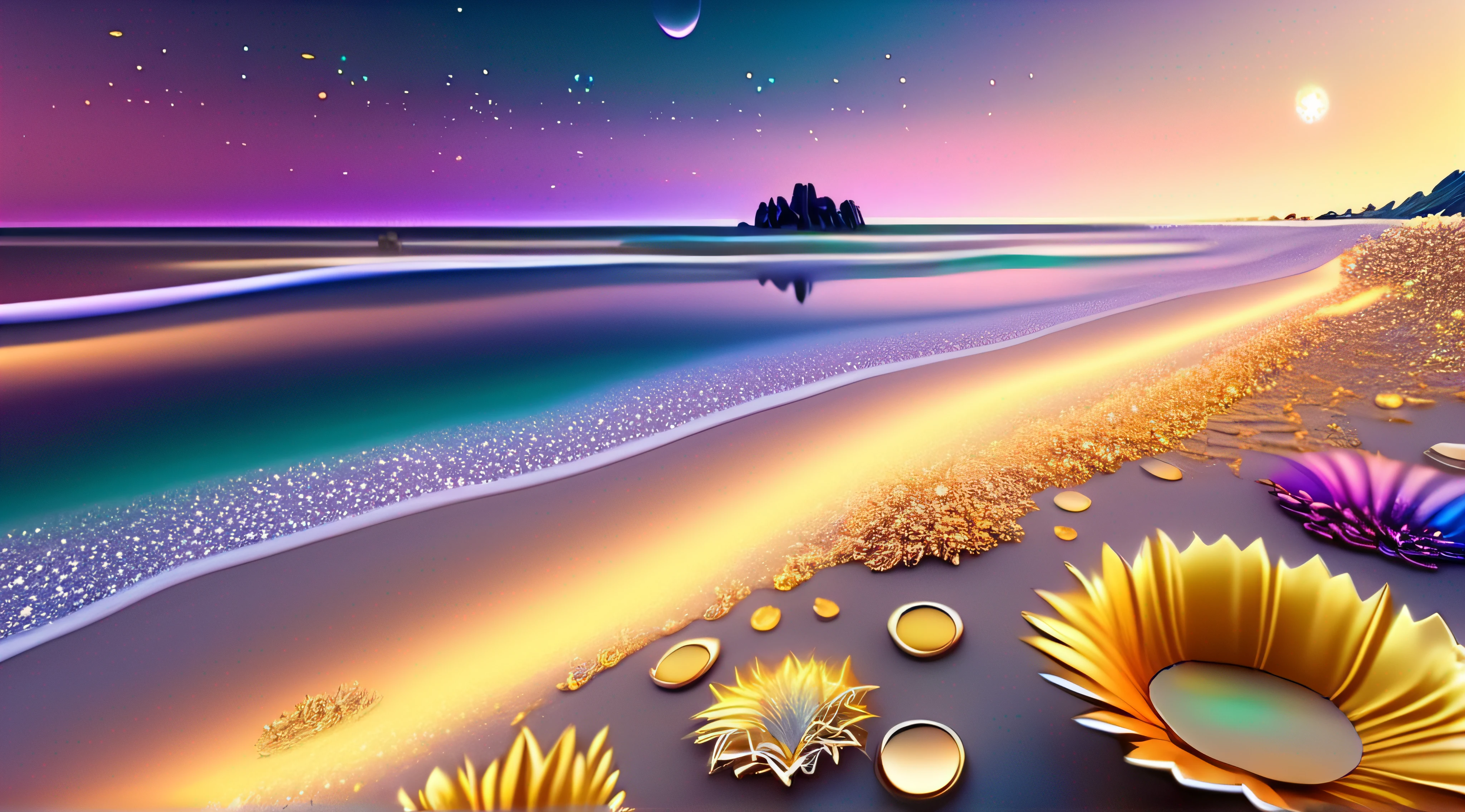 Golden sea, dreamy rainbow covers the beach, there are many colorful flowers and plants and sparkling crystal pebbles on the beach. Starlight, silver crescent and galactic starlight scattered on the beach, sports cars, glowing creatures, fluorescence, gold, color, fantasy, ultra wide-angle light, virtual engine 5, octane rendering, 8K,HD