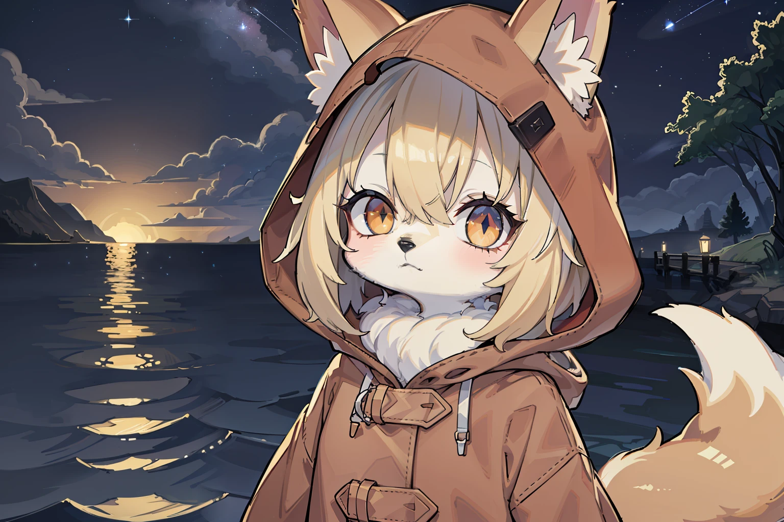 Fox Boy,hairy pubic,shaggy,Golden fur,Golden yellow face fur,Short straight blonde hair,Eyes have light,Red eyes,Super cute face,Brown elements on fur,Brown hooded coat,Beautiful lights and shadows,Ambient light,Ultra-fine fur,volumettic light,Night,natural lightting,Fluffy tail,Colored Contact Lenses,nevando,Bright pupils,Brown hood up,Night,Starlight at sea,starrysky,seawall,crossed bangs, Hairline, Shiny hair, lone nape hair,Bright pupils,Empty eyes, Unconscious,Dilated pupils,Sleepy,dark circles