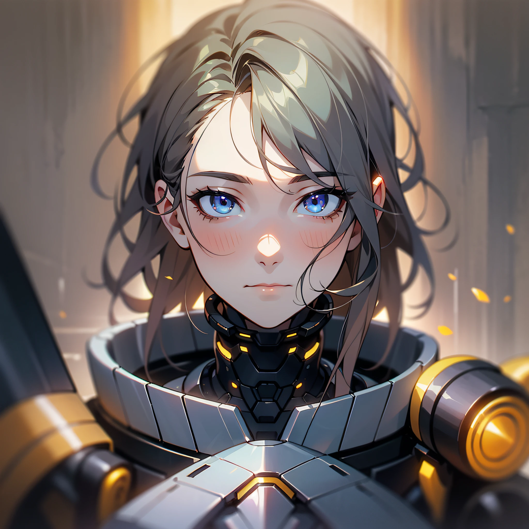 ultimate artificial intelligence, android, humanoid, anime art style, capable of solving anything, headshot, unique character design, warm colors, lifelike, mature, male, creative hairstyle, dappled lighting, easy-going expression, cinematic, blurry foreground