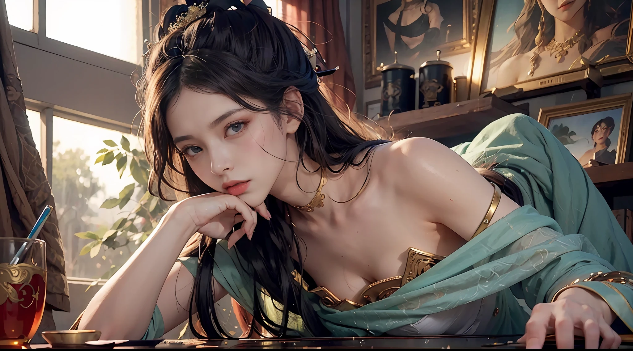 (RAW photos,best qualtiy),(realisticlying,photograph realistic:1.3),best qualtiy,highly detailed,tmasterpiece,hyper-detailing,illustratio,1girll,There is a painting on the forehead,upper_body,dynamic angle,Masterpiece Theatre of the World,messy_long_hair,best qualtiy,extremely detailed CG unity 8k wal,ink,astounding,cinmatic lighting,lens_flare,,dunhuang_style,exposing her chest,Low cut sexy