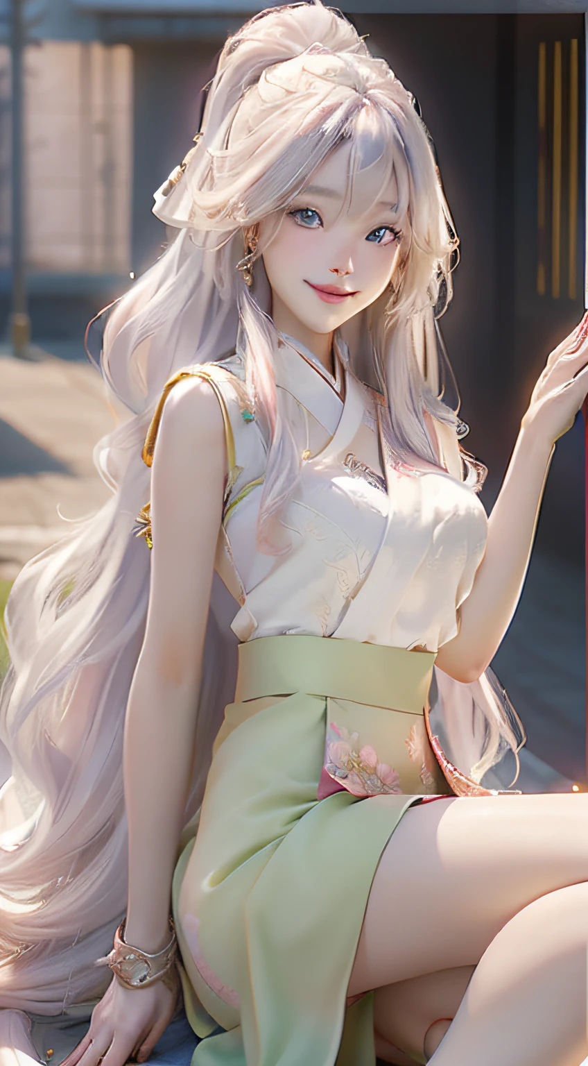 official art, masterpiece, sharp focus, (beautiful gorgeous cute korean woman:1.3), (beautiful cute korean:1.3), Korean beauty, delicate beautiful hair and eyes and face, realistic, super detailed, beautiful girl, blue sky, glowing white particles, (side light:1.2), sunlight, white clouds, detailed clouds, slender, cute girl, smile with teeth, ((smile with eyes, open eyes)), landscape, long straight hair, sexy facial expression, architecture, (City view: 1.7), Dynamic hair, Very long straight hair, Detailed platinum silver hair, Glowing green eyes, (pink pleated shirt + yellow skirt), White stockings, Pale skin, Hair accessories, Epic landscape,