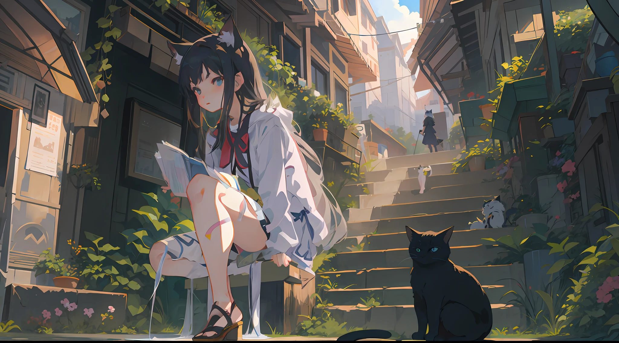 Anime girl sitting on a chair with a cat in front of her, anime style 4 k, guweiz on artstation pixiv, guweiz on pixiv artstation, kawacy, guweiz, artwork in the style of guweiz, Very Beautiful Anime Cat Girl, Anime girl with cat ears, Anime art wallpaper 8k