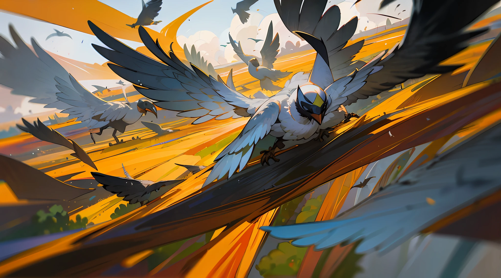 Use comandos para criar uma estampa abstrata de aves em movimento, em fundo preto, with dynamic lines.