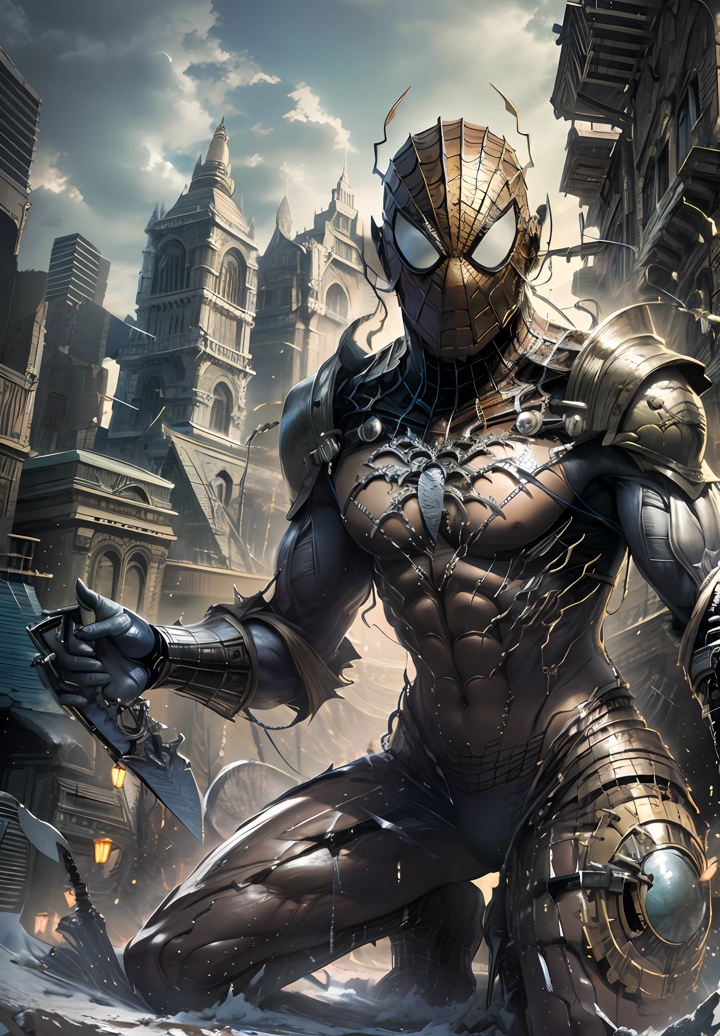 Ancient myanmar warrior spider - man in armor with sword and shield in hand, concept art inspired, Artstation contest winner, ancient warrior, full black arabesque armor spiderman, the black gold warrior:2.1, mystic myanmar warrior, epic luxurious detaild warrior, spiderman as terminator, portrait of ninja slayer, ancient warrior, spiderman as myanmar warrior, ancient myanmar style spiderman, stunning character art, graphic novel cover art,ultra realistic, 4k, oil painting, unique art worklphohonsee pixar, 16k, 8k, 4k, HD, 3D, vivid light refractions --w 1920 --h 1020,masterpiece city design,luxurious cinematic colour quality, unique and mesmerizing building look, tranding on artstation,(magnificent art), ostentatious detailed apocalpyse bagan city.
