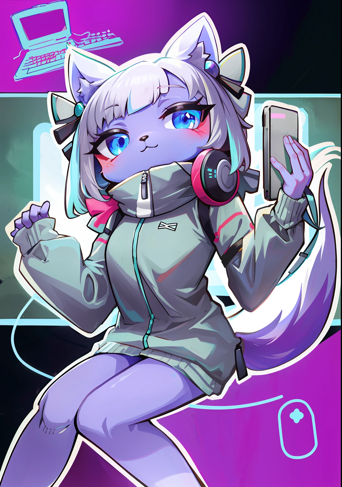 Cartoon cat with headphones and laptop in background, Furry art!!!, [ synthwave art style ]!! ]!!, fursona art, digital art from danganronpa, commission for high resolution, female furry mini cute style, [ synthwave art style ]!!, fursona furry art commission, advanced digital chibi art, furaffinity commission，Be red in the face，Wear white thigh socks，Strangle，Light，