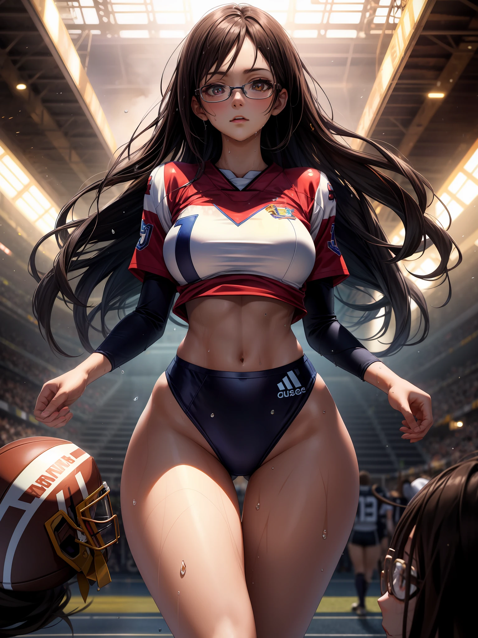 ,((masutepiece)),((High resolution)), Dramatic Lighting, Sharp Focus, 16k UHD,
Ultra-realistic illustrations,1beautiful girl,fosuccer uniform,age girl, symmetrical large eyes,small head,long hair,glasses,large breasts,narrow waist,wet skins sweat,nice legs,football‐succer venue,Solo,dynamic shot