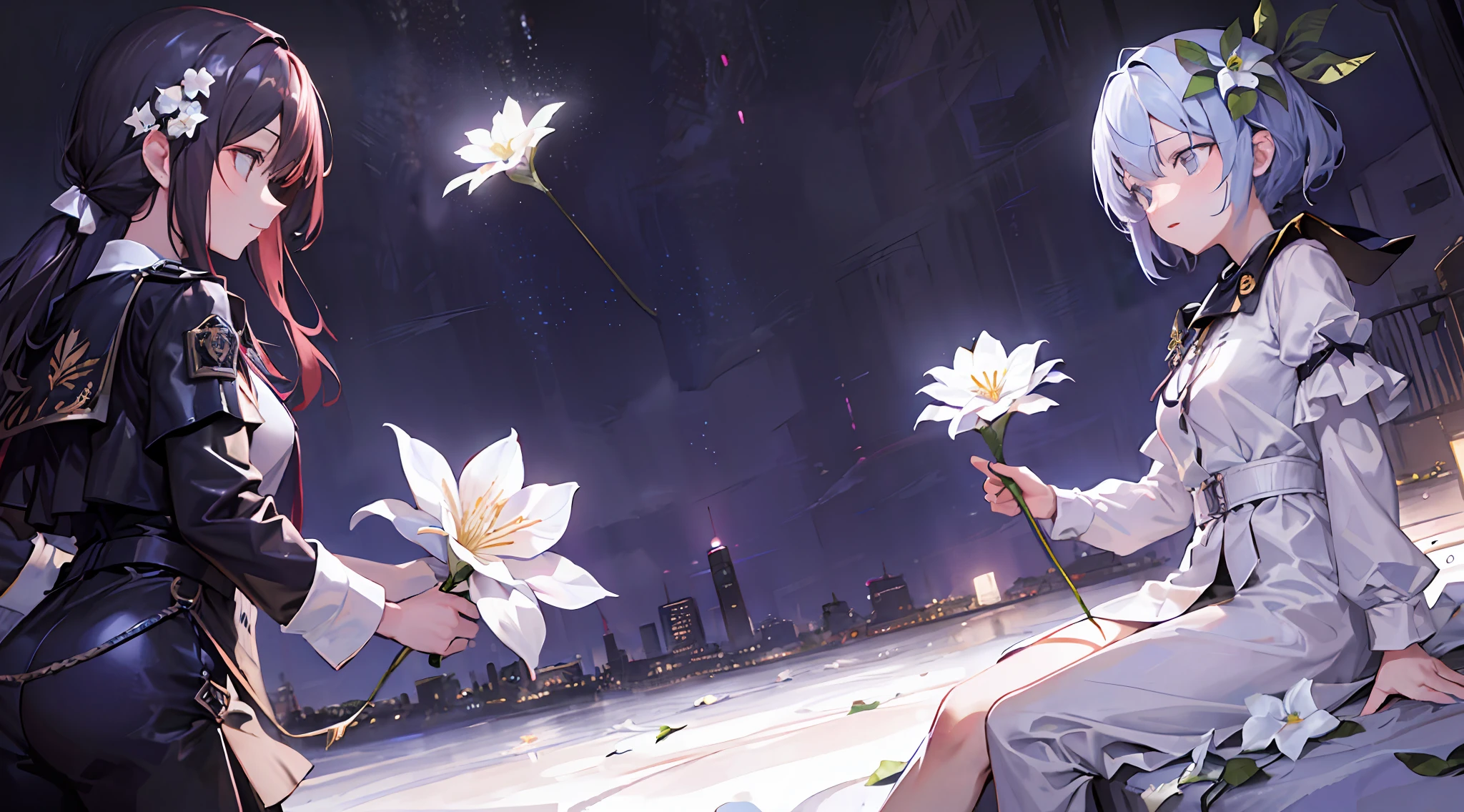 Use commands to create a surreal impression of floating flowers in a night sky, Dynamic image with Fibonatti references on black background.