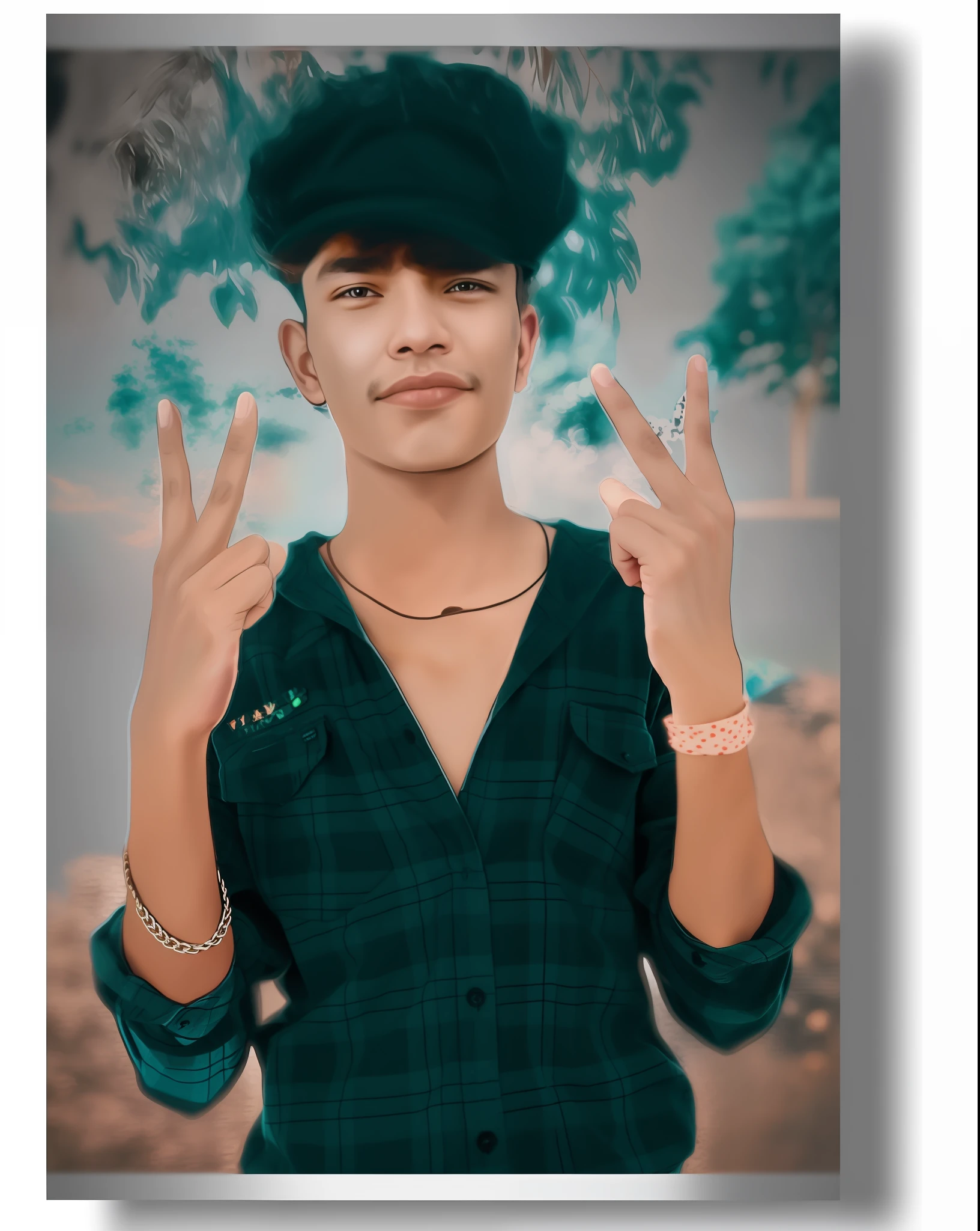 arafed man with a green shirt and a black hat making a peace sign, edited in photoshop, ayan nag, made with photoshop, with accurate face, portait photo profile picture, with index finger, photoshopped, [ digital art ]!!, very very low quality picture, profile pic, background blur, photograpgy, low quality photograph, with lovely look
