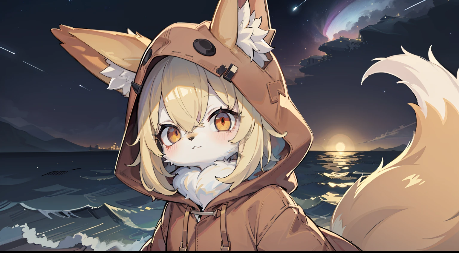 Fox Boy,hairy pubic,shaggy,Golden fur,Golden yellow face fur,Short straight blonde hair,Eyes have light,Red eyes,Super cute face,Brown elements on fur,Brown hooded coat,Beautiful lights and shadows,Ambient light,Ultra-fine fur,volumettic light,Night,natural lightting,Fluffy tail,Colored Contact Lenses,nevando,Brown hood up,Night,Starlight at sea,starrysky,seawall,crossed bangs, Hairline, Shiny hair, lone nape hair,Bright pupils,Empty eyes, Unconscious,Dilated pupils,Sleepy,dark circles,