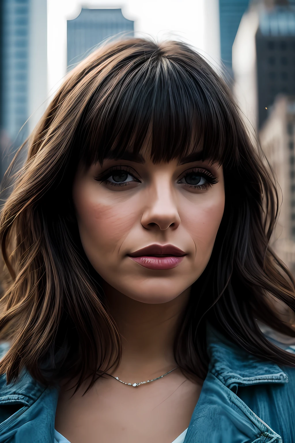 dark and gloomy, 8k, a close up photo of the brunette with new york city behind her, lifelike texture, dynamic composition, Fujifilm XT2, 85mm F1.2, 1/80 shutter speed, (bokeh), high contrast