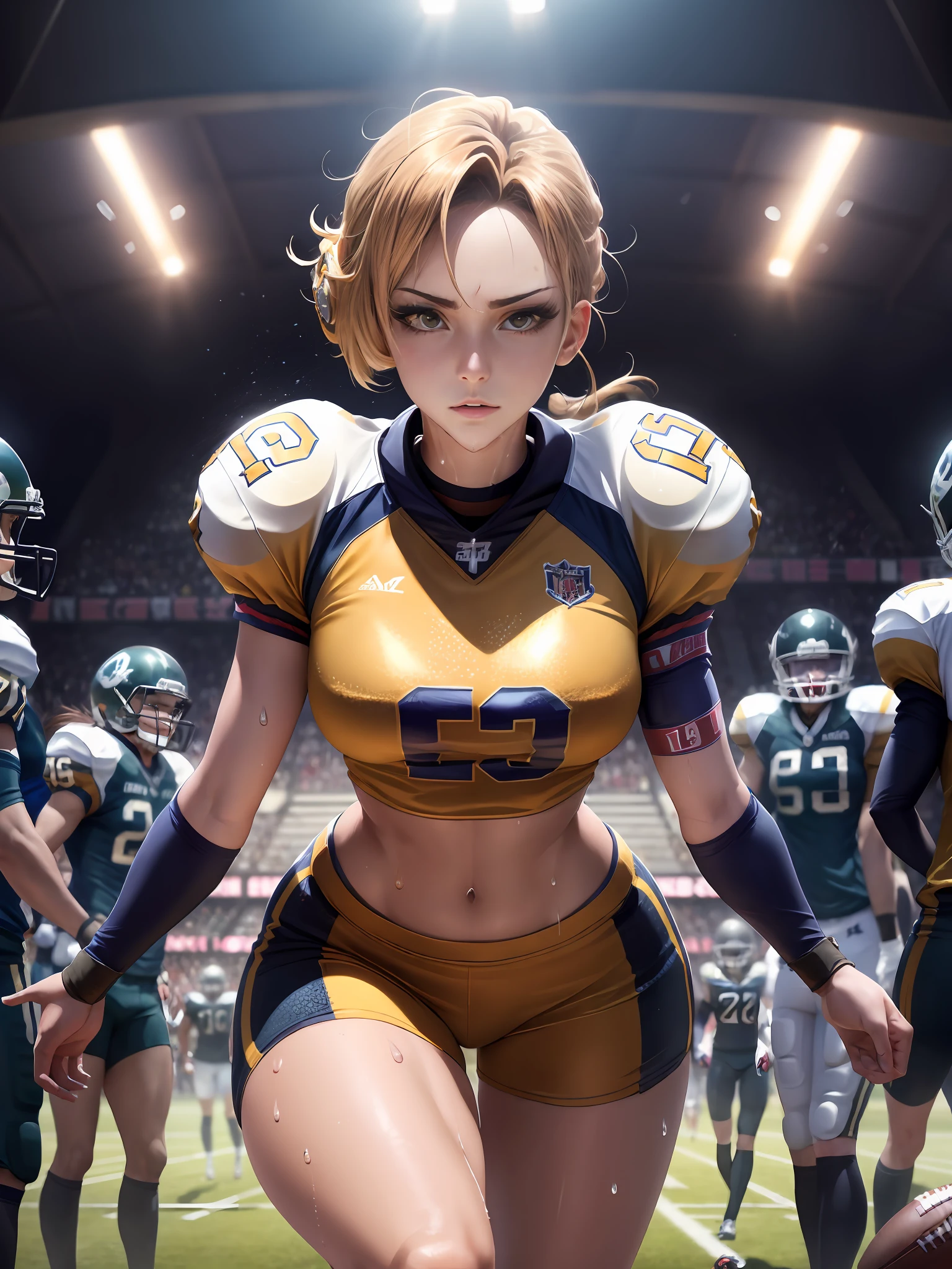 ((masutepiece)),((High resolution)), Dramatic Lighting, Sharp Focus, 16k UHD,
Ultra-realistic illustrations,1beautiful girl,football‐succer Uniforms,Teenage girl ,small head ,Large breasts,shiny skins,nice legs,wet skins sweat,In football‐succer,dynamic shot
