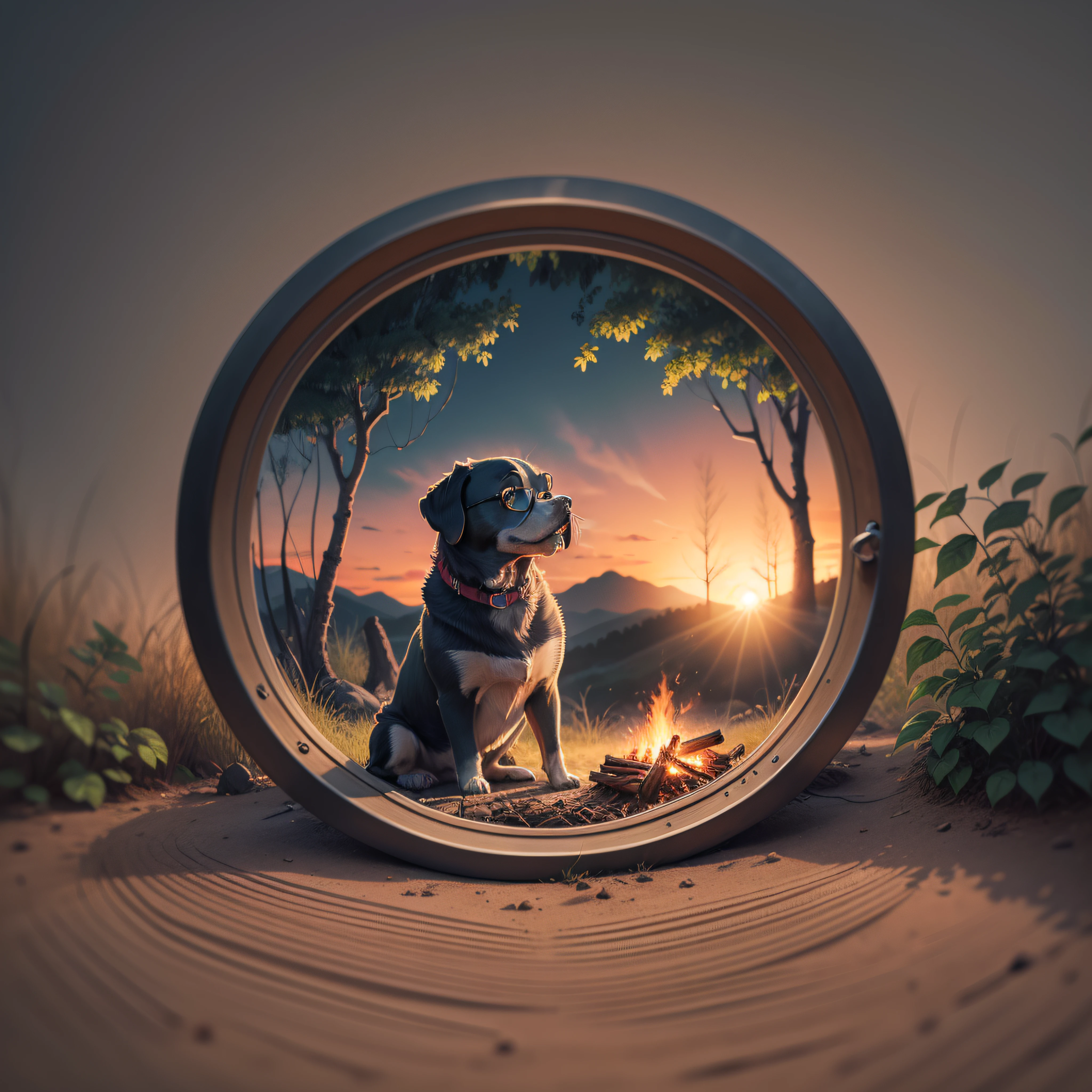 a labrador with glasses T-shirt design, campfire against the jungle with sunset, circular design, circular border, wide view + colored pen and ink, illustration, flat design, no shadows, realistic, 8K, cinematic, atmospheric, epic composition, vibrant colors, colorful tints, natural lighting, black background --no watermark