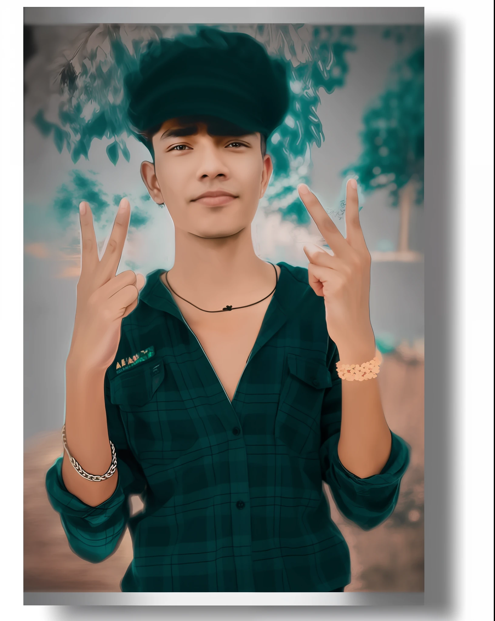 arafed man with a green shirt and a black hat making a peace sign, edited in photoshop, ayan nag, made with photoshop, with accurate face, portait photo profile picture, with index finger, photoshopped, [ digital art ]!!, very very low quality picture, profile pic, background blur, photograpgy, low quality photograph, with lovely look