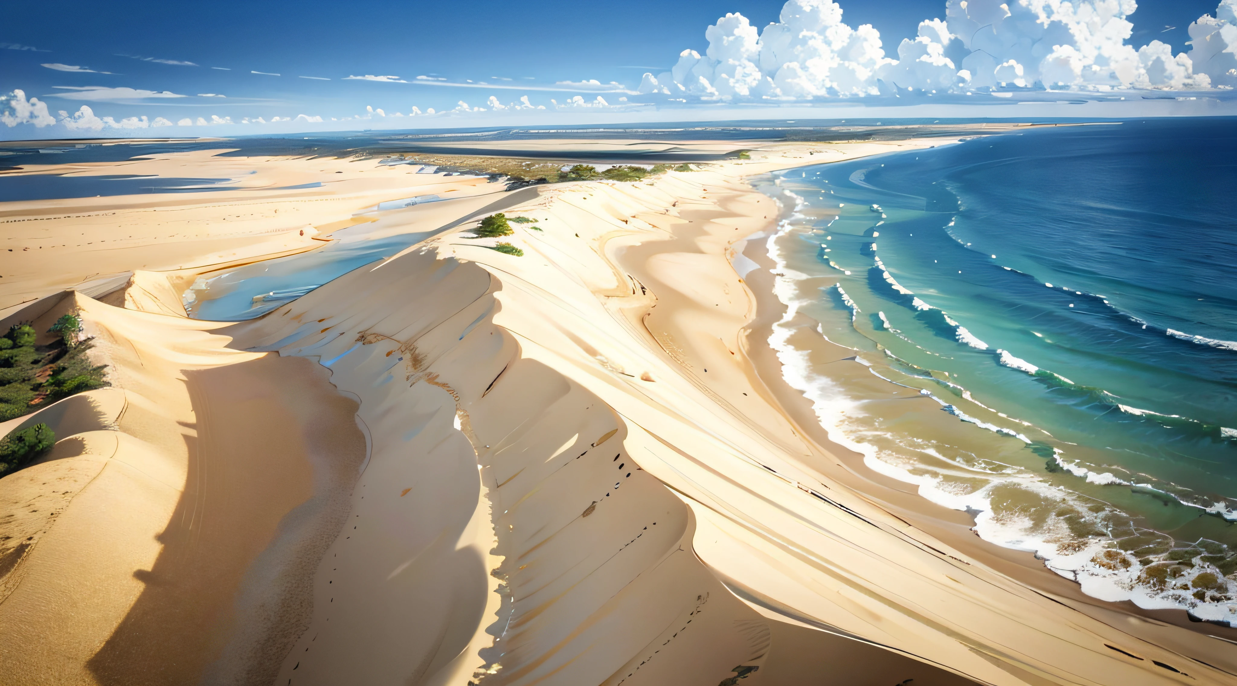 Dunes and sand:The golden sand dunes are undulating,Stretches out to the endless sandy beach,Blend with the clear blue waters。 wide angles,ultra-clear,Bright light,heal,scenecy,Eye protection,detail-rich,shock,Beautiful wallpaper,Beautiful,ultra-clear