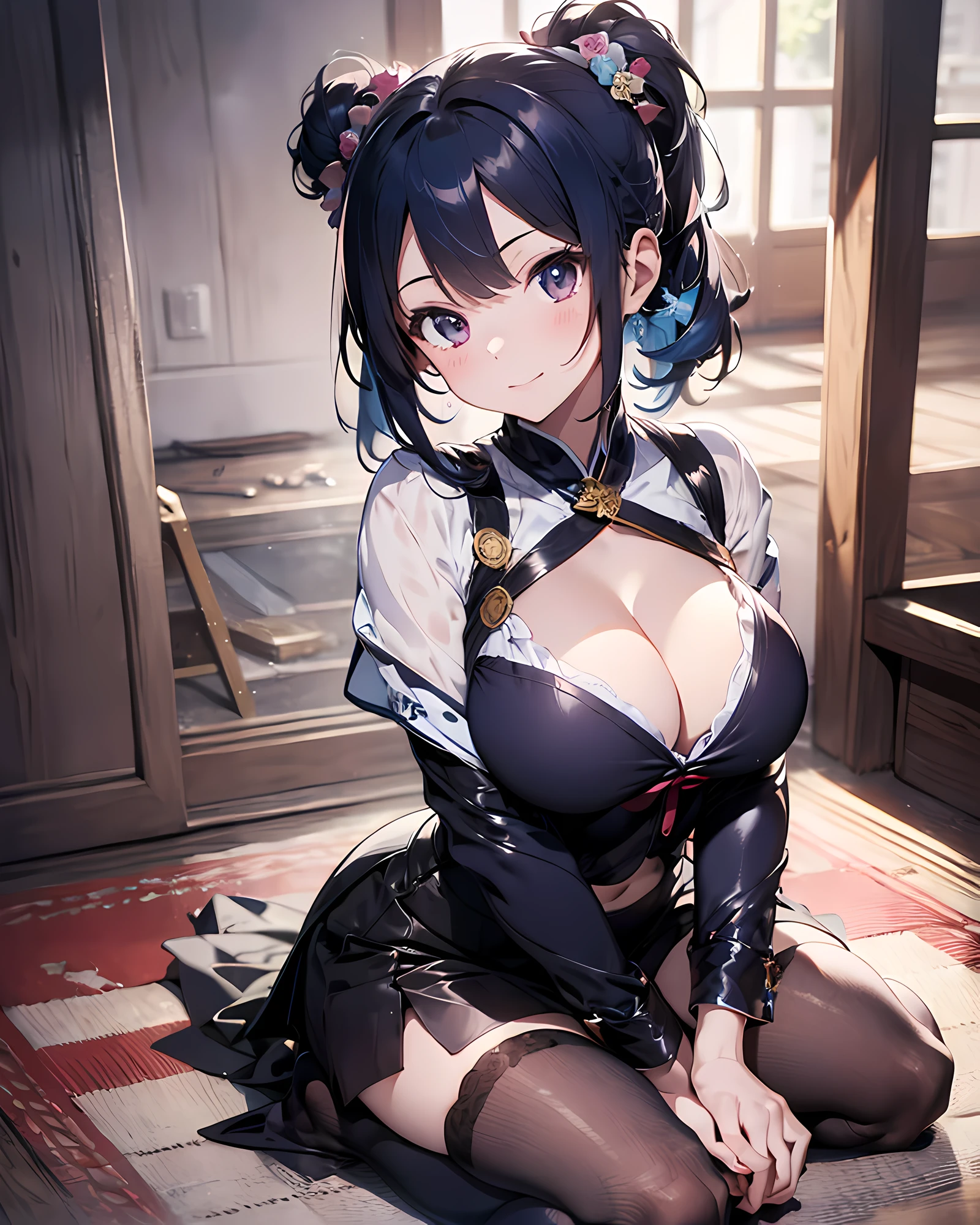 Anime style illustration, highres, ultra detailed, (1girl:1.3), (dynamic pose):1.0 BREAK, full body image, top angle, ((1 extremely cute and pretty anime waifu sitting seiza style at her house lobby), BREAK, wearing a oiran outfit, BREAK, she has black pony-tail hair style, blue hair ribbons, gigantic-breasted, big cleavage, slender, abs, 7 life size, detailed clothes, detailed body, detailed arms, human hands, detailed hands, BREAK, perfect anime waifu face, blush, ashamed, light smile, happy, ,light smile, closed mouth, pink lip stick, detailed perfect lips, surprised, looking the viewer, facing the viewer, pretty model posing, extremely leaning forward against the viewer, hands between legs, (seiza:1.5), studio soft light, cinematic light, detailed background, symmetrical, hyperrealistic, highly detailed, intricate, very smooth, sharp focus, redshift render, 8K, realistic, ideal ratio body proportions, ultra-realistic, masterpiece,