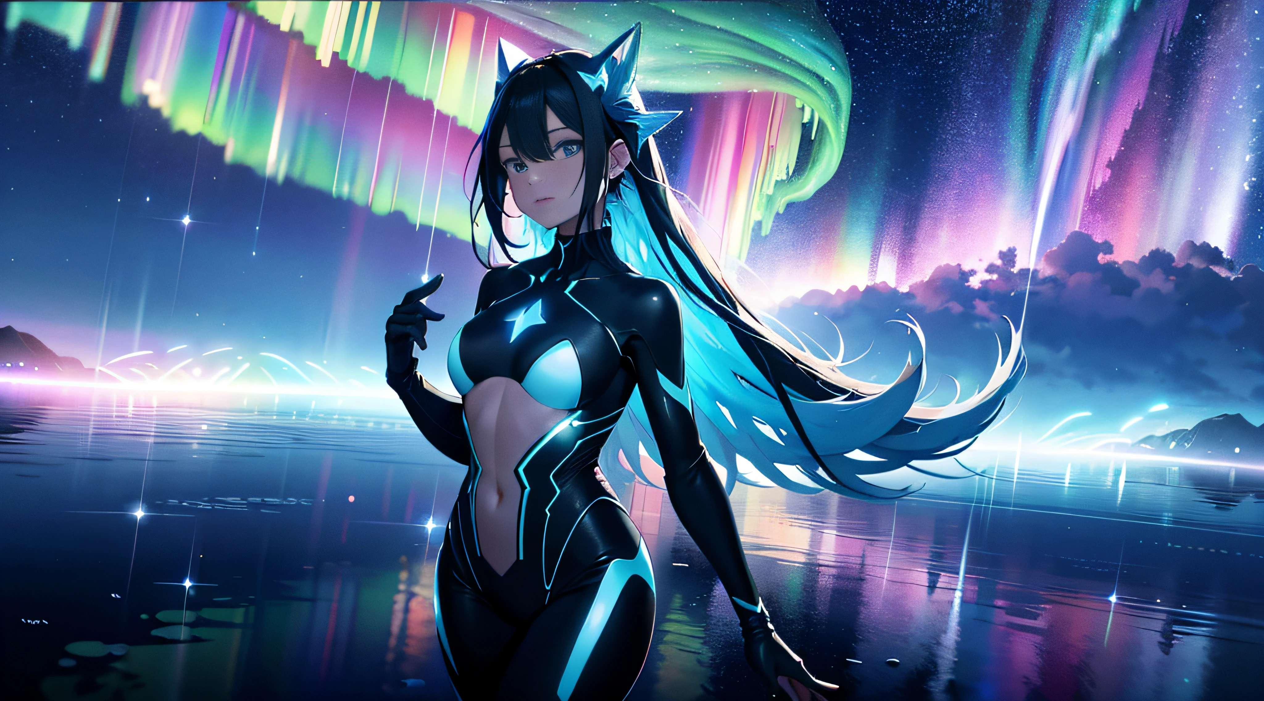 At night, there are many shooting stars reflected in the sky on the heart-shaped ice lake, rainbow, blue, laser wings, floating luminous particles, aurora, fairy light, body light, body light, luminous creatures, stellar luminous particles, soft light, surreal, modern style, art, dream engine, ultra wide angle perspective, hin renderingHD