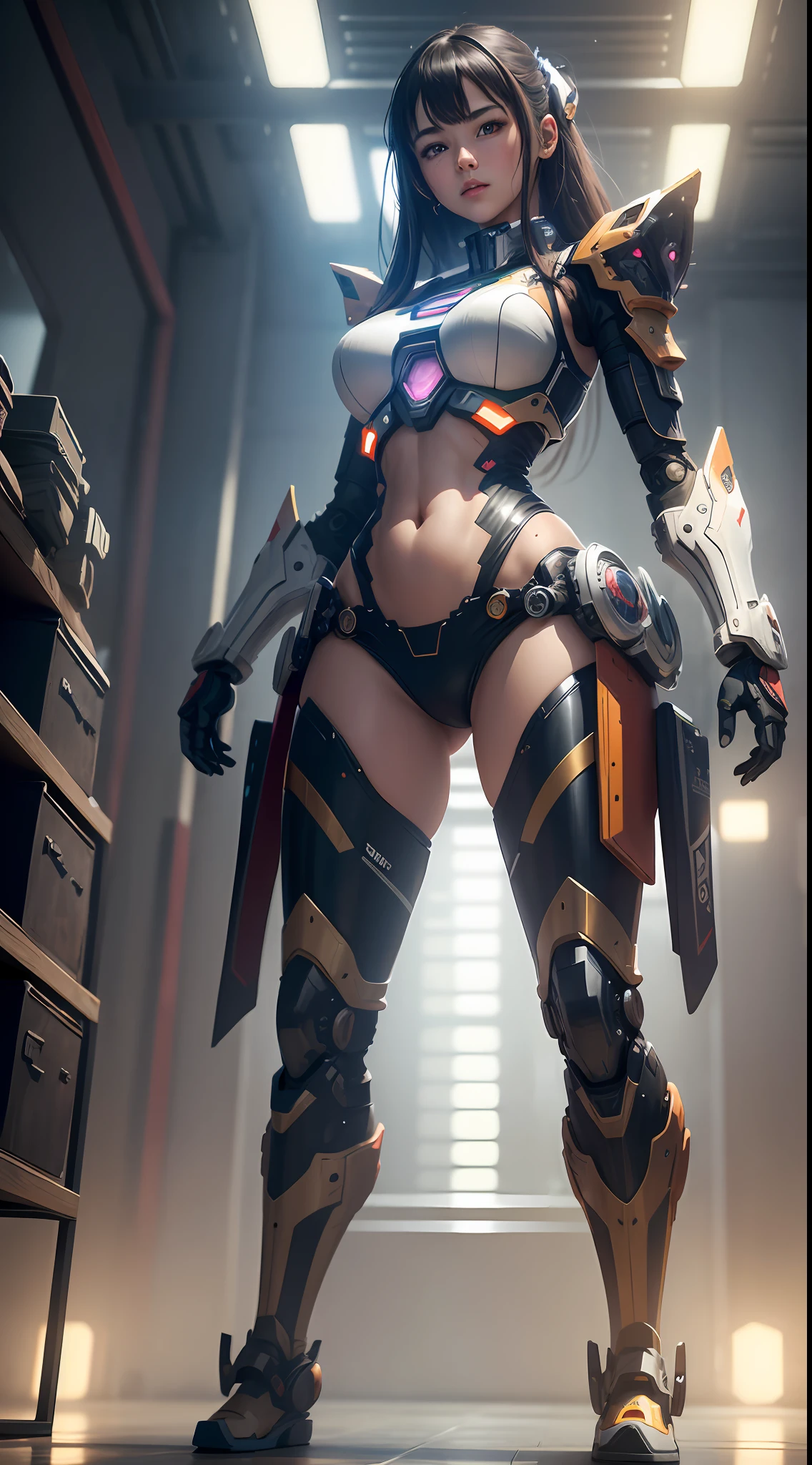 ((masterpiece, best quality)),illustration,ultra detailed 8k,photorealistic,sharp focus,highly detailed,professional lighting,colorful details,iridescent colors BREAK extreme long shot of a factory,large mechanical robot construction,microchip,computer,glowing,intricate details,shitu-mecha,1girl is standing in front of the audience,Navel --auto