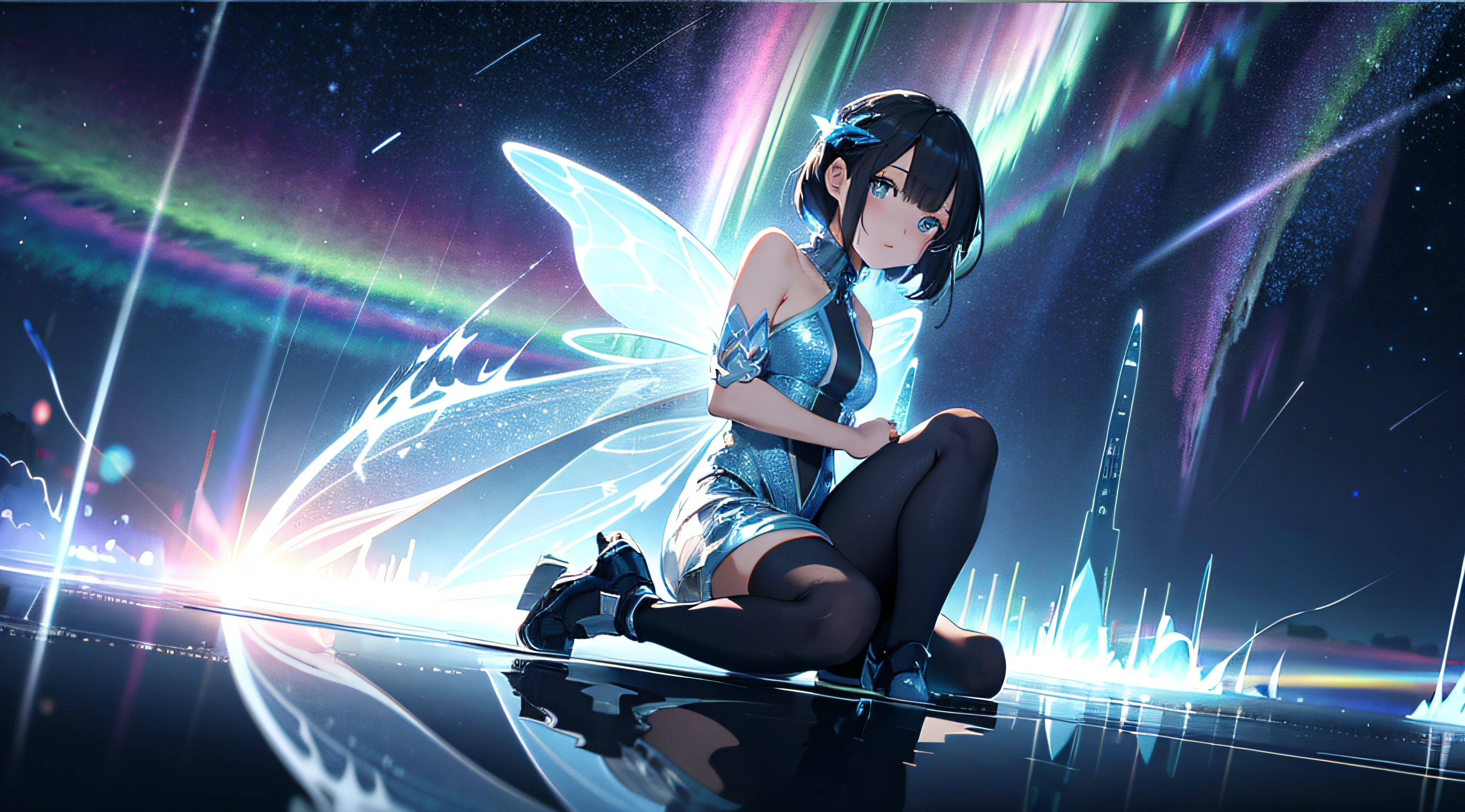 At night, there are many shooting stars reflected in the sky on the heart-shaped ice lake, rainbow, blue, laser wings, floating luminous particles, aurora, fairy light, body light, body light, luminous creatures, stellar luminous particles, soft light, surreal, modern style, art, dream engine, ultra wide angle perspective, hin renderingHD