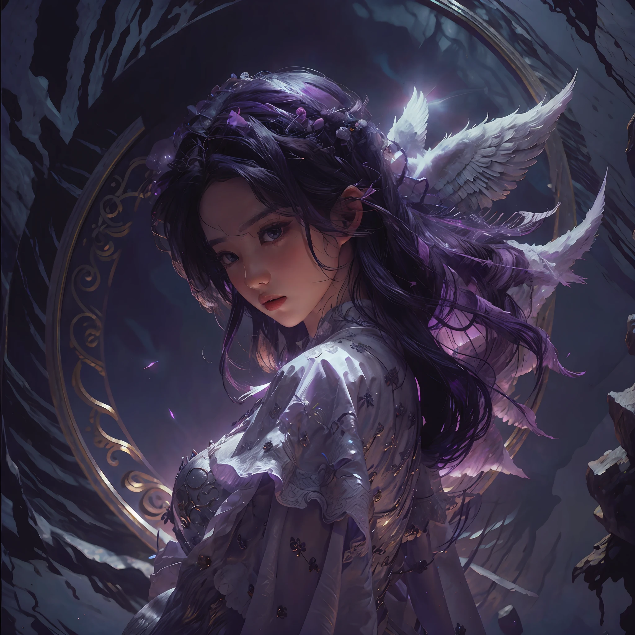 beautiful female angel：1.5），（Cabello Corto blanCo plateado：1.5），Hermosa pintura de personajes，Impresionante arte de personajes，Legion of Heaven, Purple and silver armor，Vestido morado de manga larga，Defensor de la fe，Luz de Dios,（tmasterpieCe：1.4），（Mejor Calidad：1.4），（Beautiful angel girl，Super Detail Face， Hair is scattered，（Angel wing： 1.4），（Cuerpo Completosbian），El brillo， Bokeh， Fotos RAW ultradetalladas，Mejor Calidad），（Realista，realistic photograph：1.3），Mejor Calidad，Altamente detallado，tmasterpieCe，Hiperdetalle，ilustratio，Angle Dynamic，Obras maestras de Clase mundial，Mejor Calidad，CG extremadamente detallado，Fondo de pantalla de 8k，Cinmatic Lighting，Bokeh，autor（James S. C. Christensen：1.2|JeremyLipking：1.1） --auto