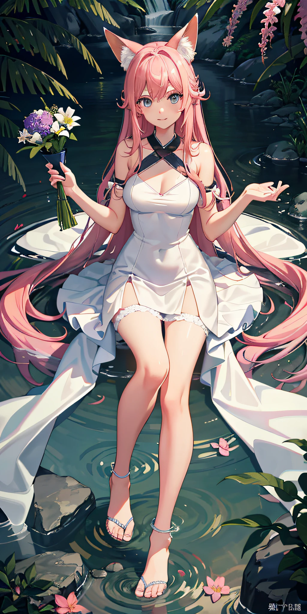 1girl,, sportrait, photorealestic, Towels, (onsen), sidelighting, wallpaper, nsfw,long pink hair,Big fox ears,blue colored eyes,knelt on the beach,Holding flowers in hand,Wear a transparent sexy wedding dress,white stockings,Pink miniskirt,4K,A high resolution,tmasterpiece,best qualtiy,A high resolution,1080p,tmasterpiece,hyper realisitc,32K,非常详细的 CG 统一 8k 壁纸,best qualtiy