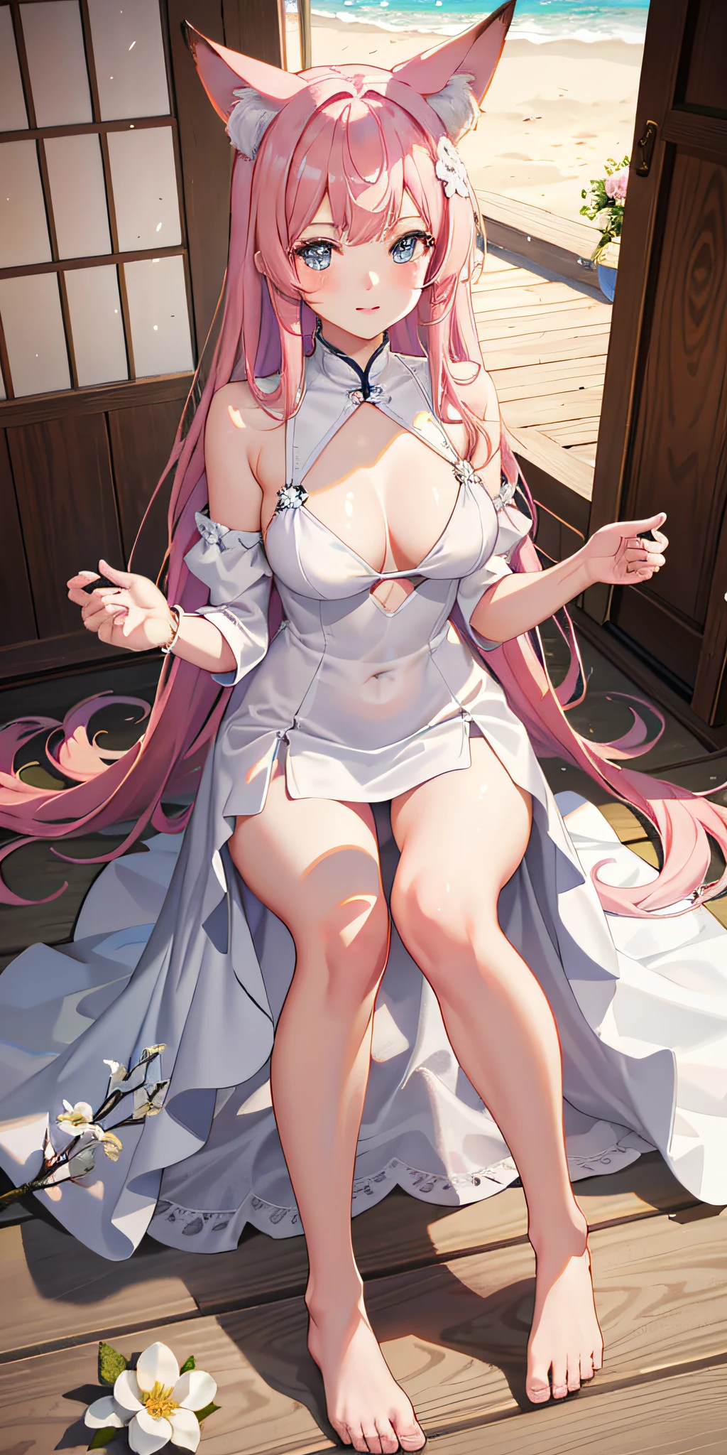 1girl,, sportrait, photorealestic, Towels, (onsen), sidelighting, wallpaper, nsfw,long pink  hair，Big fox ears，blue colored eyes，knelt on the beach，Holding flowers in hand，Wear a transparent sexy wedding dress，white stockings，Pink miniskirt，4K，A high resolution，tmasterpiece，best qualtiy，A high resolution，1080p，tmasterpiece，hyper realisitc，32K，非常详细的 CG 统一 8k 壁纸，best qualtiy