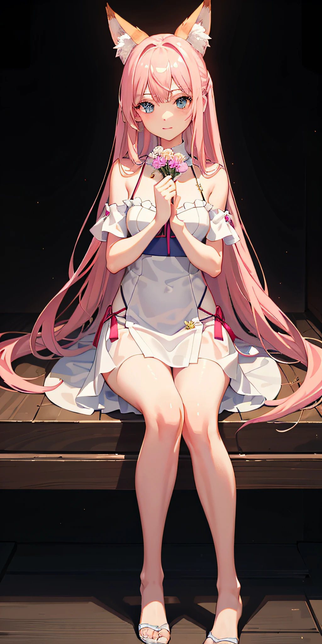 1girl,, sportrait, photorealestic, Towels, (onsen), sidelighting, wallpaper, nsfw,long pink hair,Big fox ears,blue colored eyes,knelt on the beach,Holding flowers in hand,Wear a transparent sexy wedding dress,white stockings,Pink miniskirt,4K,A high resolution,tmasterpiece,best qualtiy,A high resolution,1080p,tmasterpiece,hyper realisitc,32K,非常详细的 CG 统一 8k 壁纸,best qualtiy