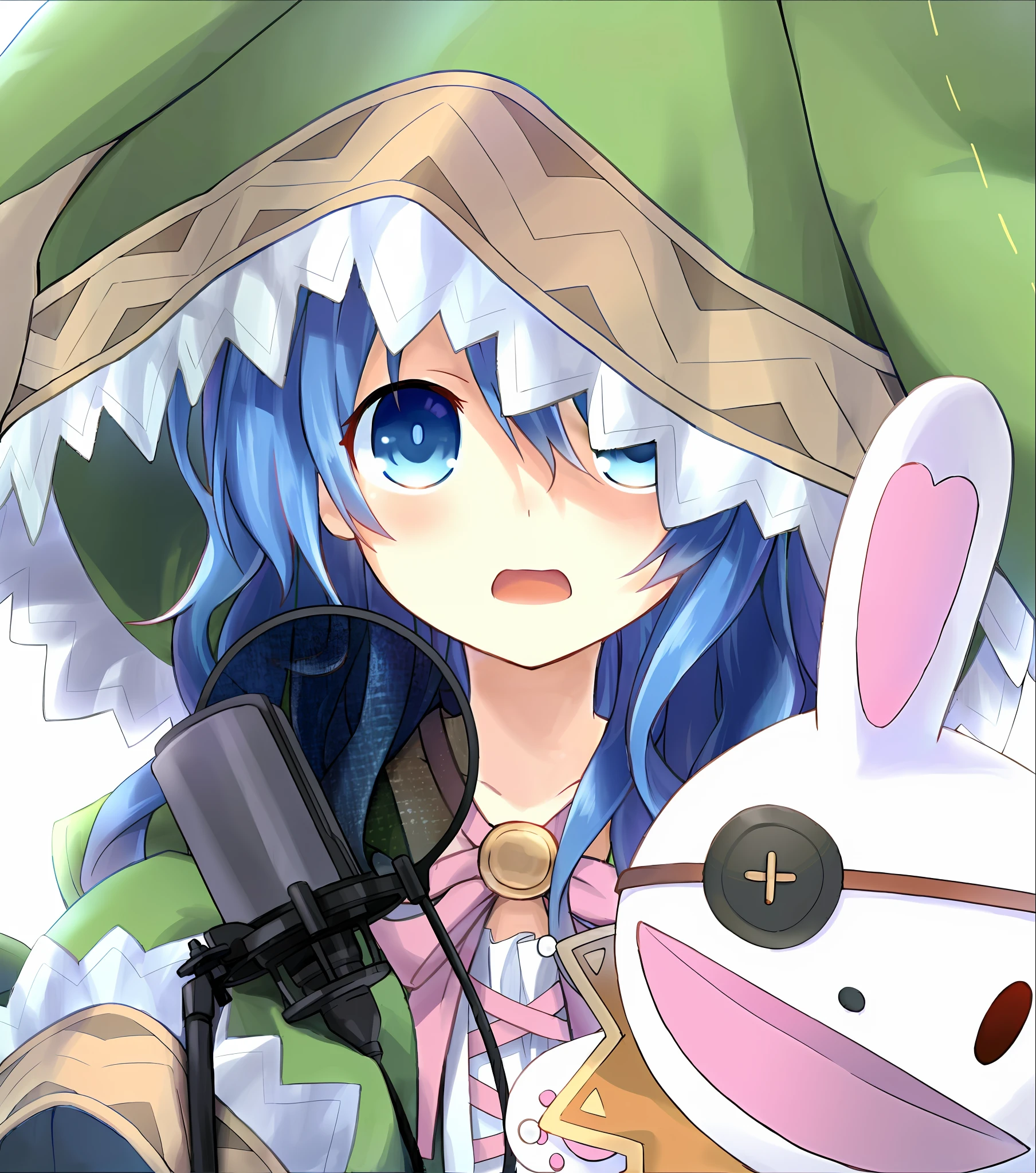 Anime girl with blue hair and green hoodie holding plush toy, Splash art anime , from touhou, an anime portrait of cirno, touhou character, Anime! 4 k'', Anime! 4K, art style of rune factory 5, Loligue anime girl, nightcore, anime visual of a cute girl, anime moe art style