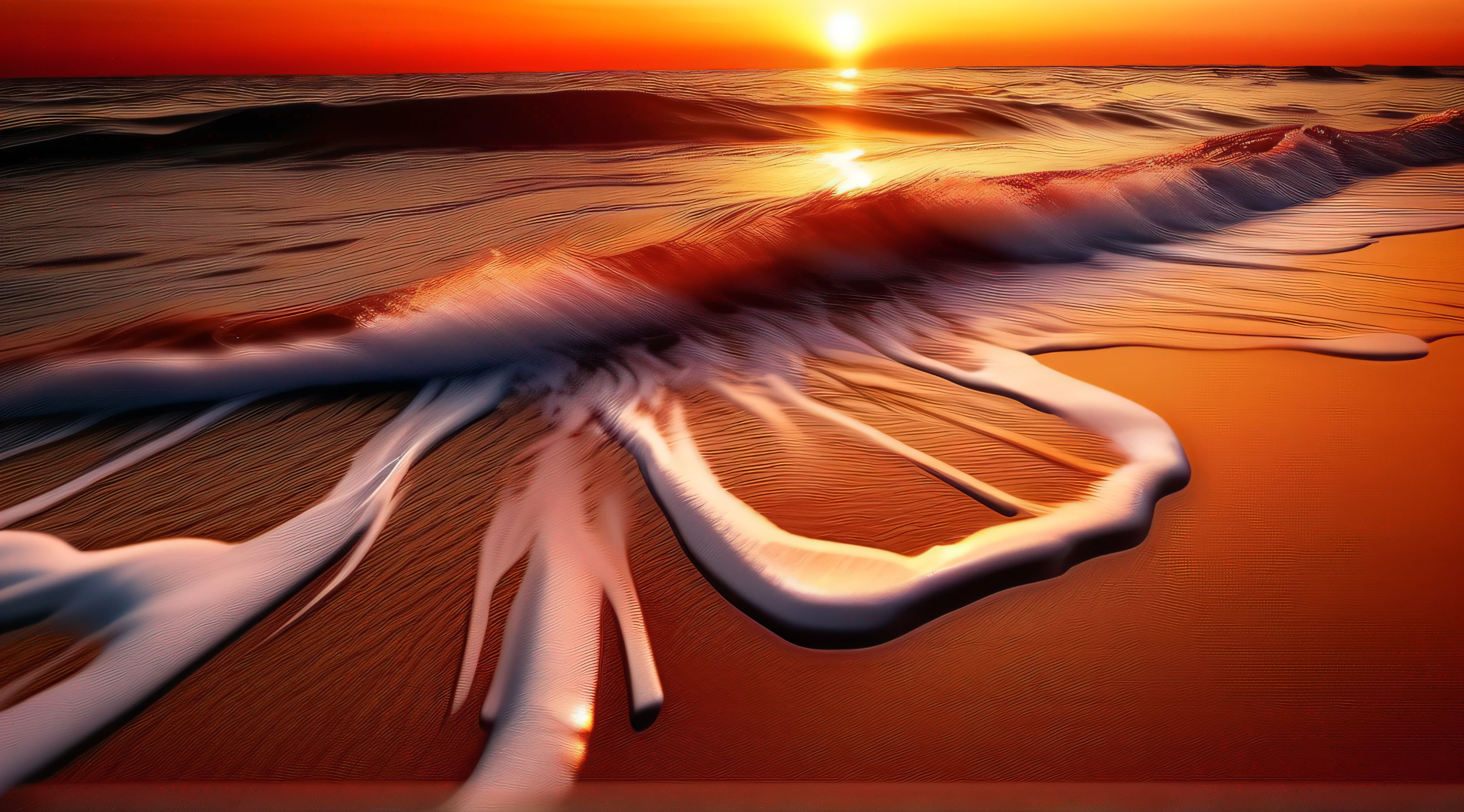 Beach bathing in sunset：Sunset，The orange-red sunset reflects on the calm sea，The waves pat the fine sand。	wide angles，ultra-clear，Bright light，heal，scenecy，Eye protection，detail-rich，shock，Beautiful wallpaper，Beautiful，ultra-clear