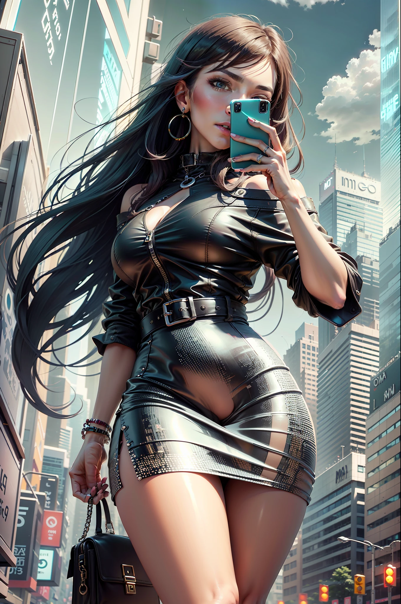 fashionista selfie on busy city streets" Follow Mia, a stylish fashionista, as she takes a selfie amidst the vibrant cityscape. Standing on a busy street corner, she captures her impeccable outfit, with skyscrapers and bustling crowds in the background, creating a chic and dynamic selfie. --auto --s2