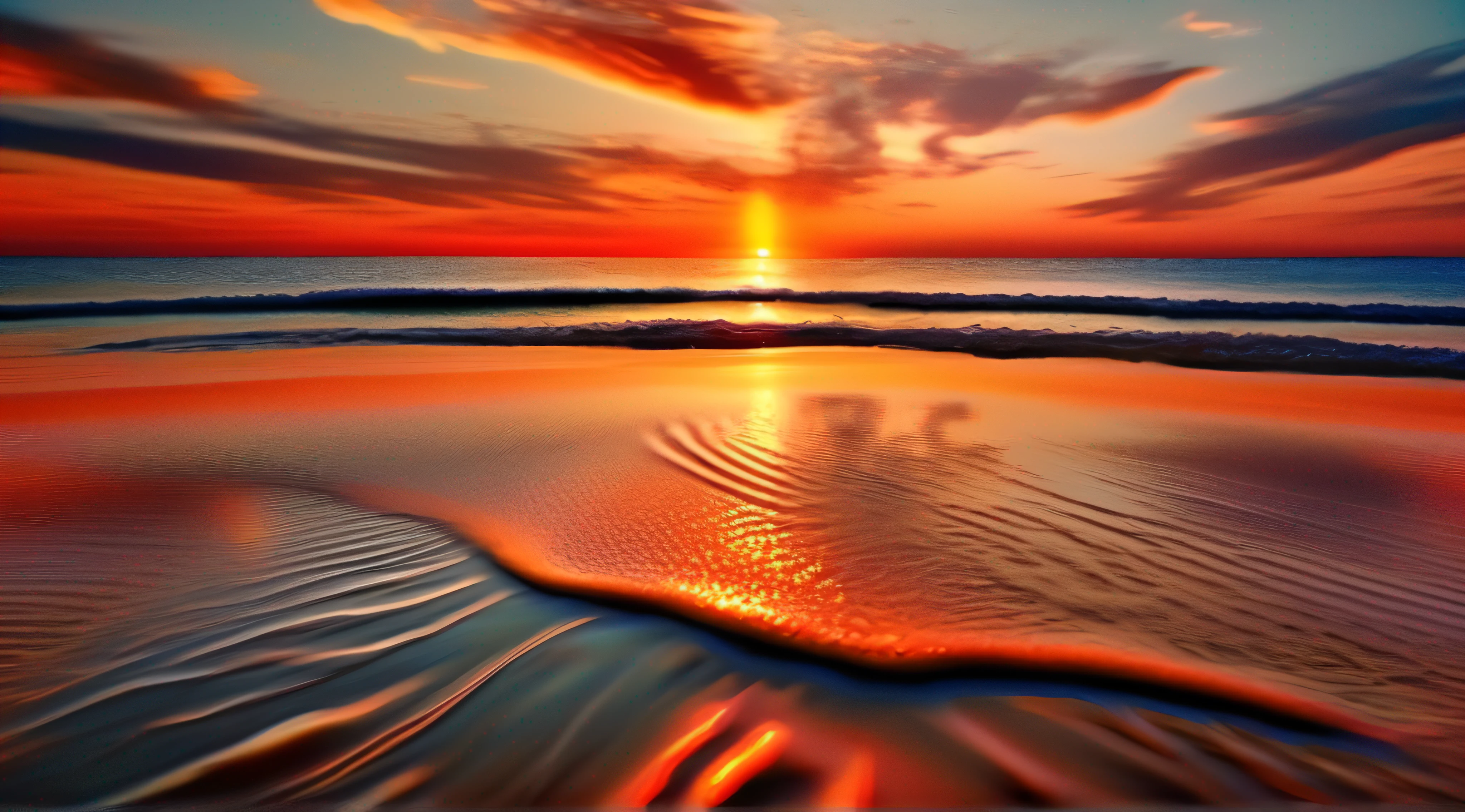 Beach bathing in sunset：Sunset，The orange-red sunset reflects on the calm sea，The waves pat the fine sand。	wide angles，ultra-clear，Bright light，heal，scenecy，Eye protection，detail-rich，shock，Beautiful wallpaper，Beautiful，ultra-clear