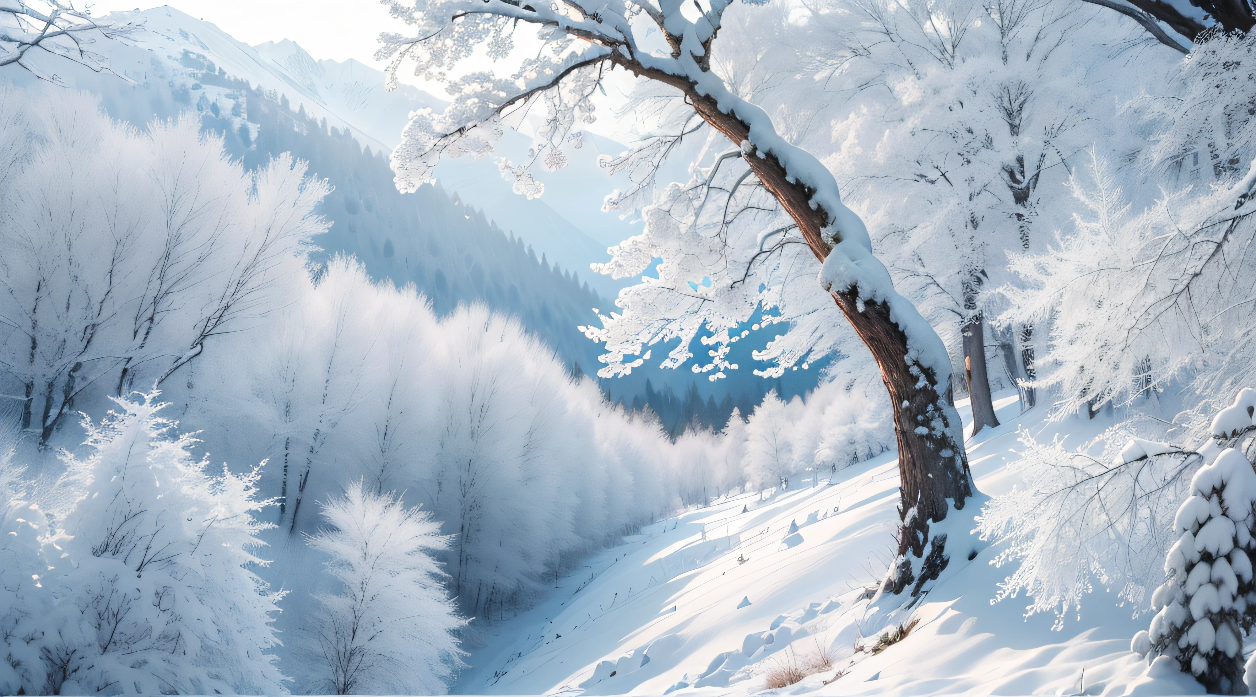 At the foot of the snowy mountains,A silvery forest is illuminated white。On screen,The branches and trunks of the trees are covered with a thick layer of snow,It's like being in a fairy tale。 Beautiful、heal、Scenic blockbuster、Eye protection、freshen、great outdoors、wonderland、wide angles、Leica、ultra-clear、Bright light