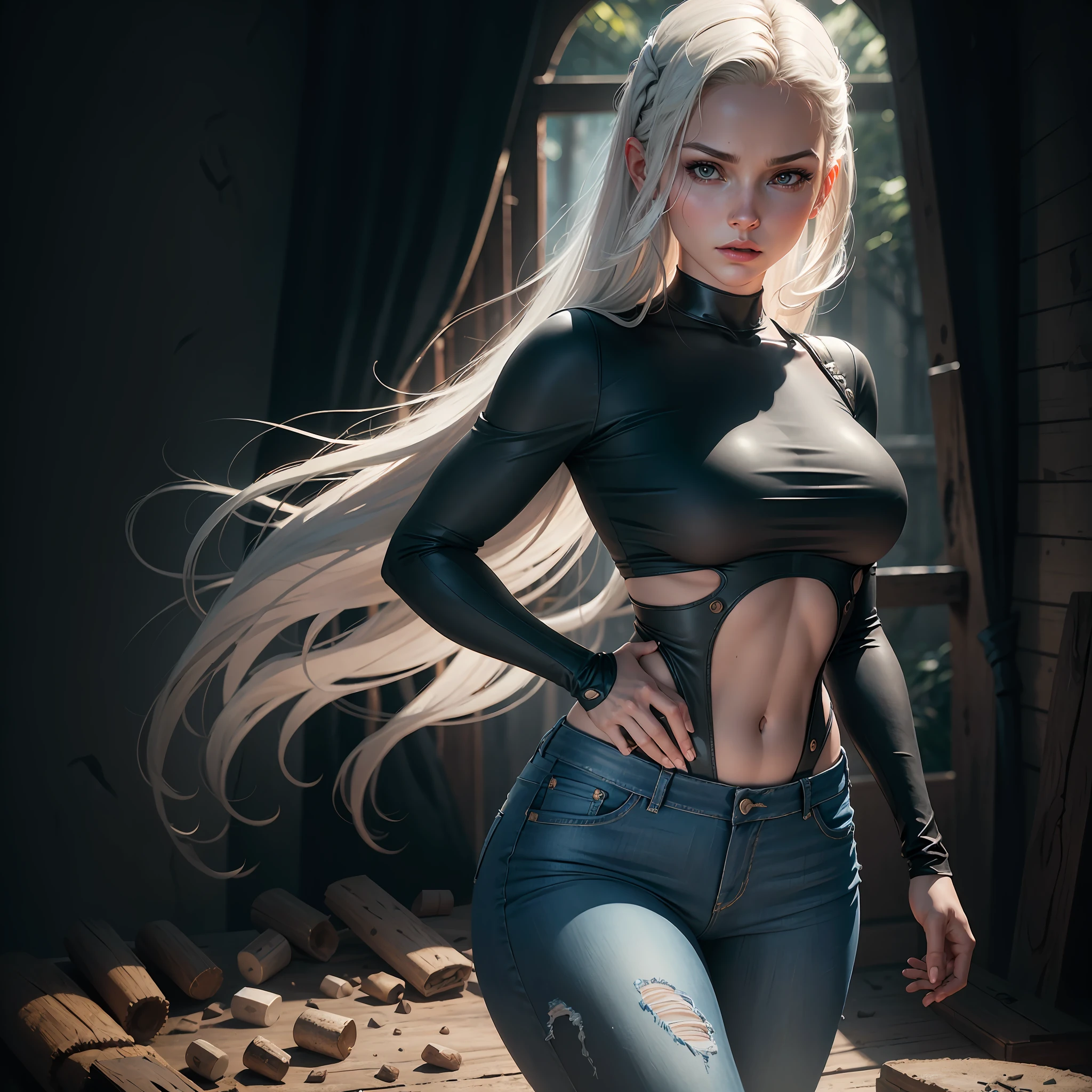 obra-prima, melhor qualidade, Cinematographic photo, anatomicamente correto, corpo inteiro, Rosto realista, textura de pele real, digital art illustration, Femme fatale, mulher de 30 anos, pale skinned, Polish, pronounced feminine features, (alongamento), cabelo ruivo liso, seios enormes, roupa jeans, dark illustration style, (8k, dynamic compositing, fotorrealista, foco nítido), plano de fundo elaborado, cinemactic, thirds rule, luz de fundo, grain of film, detalhes intrincados, detalhes finos,