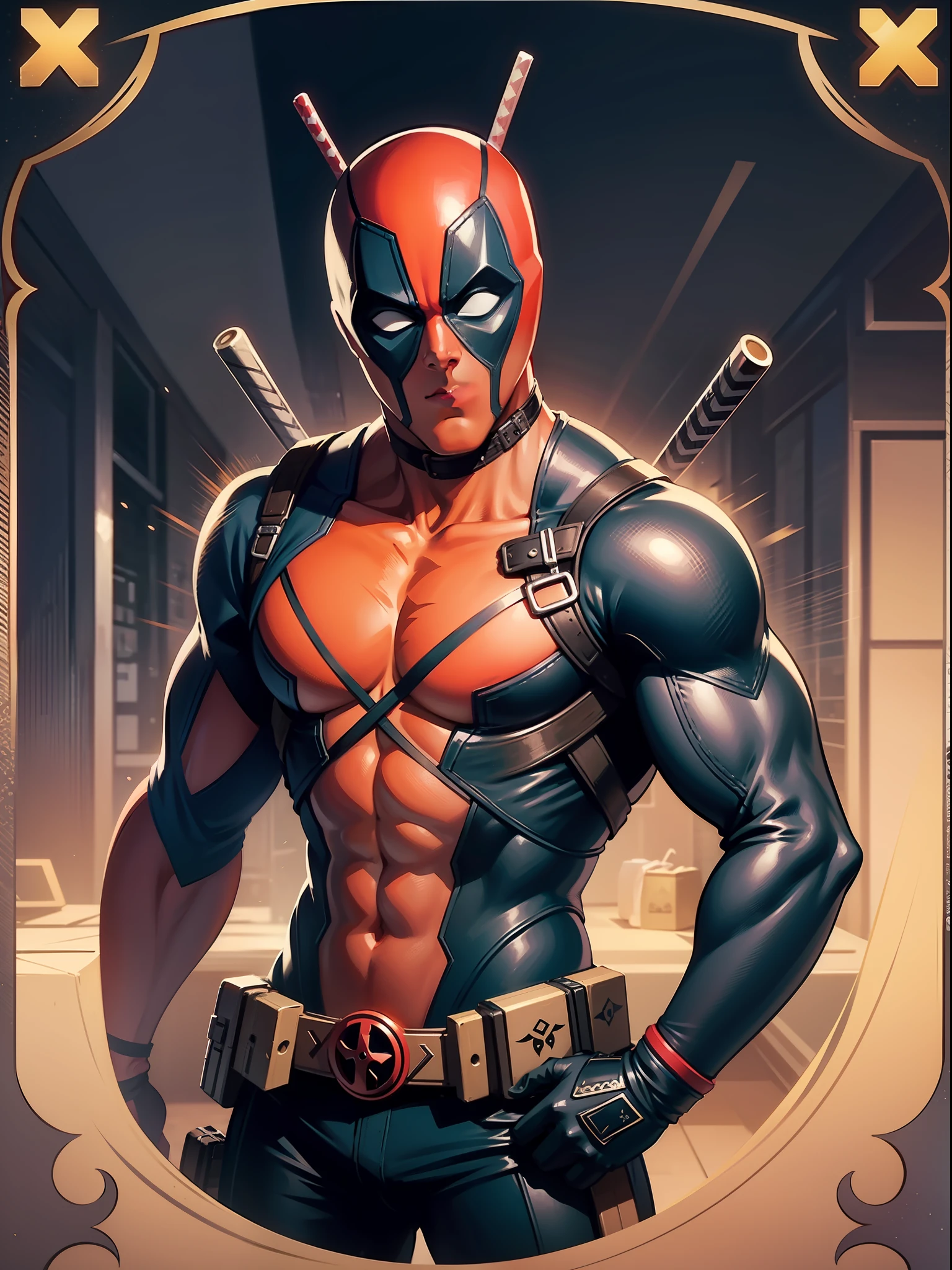 A game card and border design of [Deadpool masculino] with decorated borders and icons, No estilo da Capcom, cores vibrantes, paleta de cores vermelho e preto, magia de fantasia, circunstanciado, intrincado, 8k, octan render