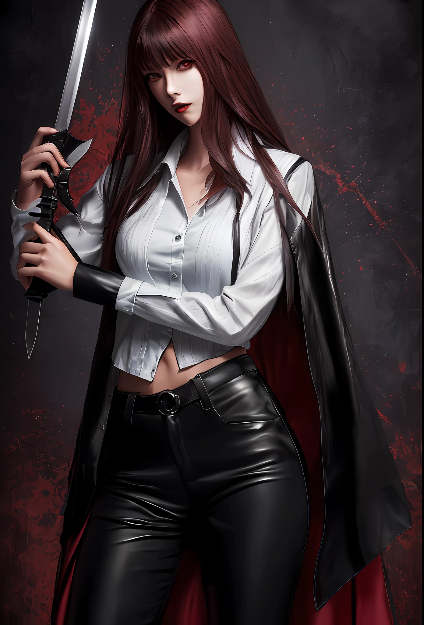 arafed image of a woman in a white shirt and black leather pants holding a sword, androgynous vampire, by Yang J, female vampire warrior, female vampire, dark fantasy style art, style of raymond swanland, female assassin, she is holding a sword, female rouge assassin, dark fantasy character design, alena aenami and artgerm, 2b